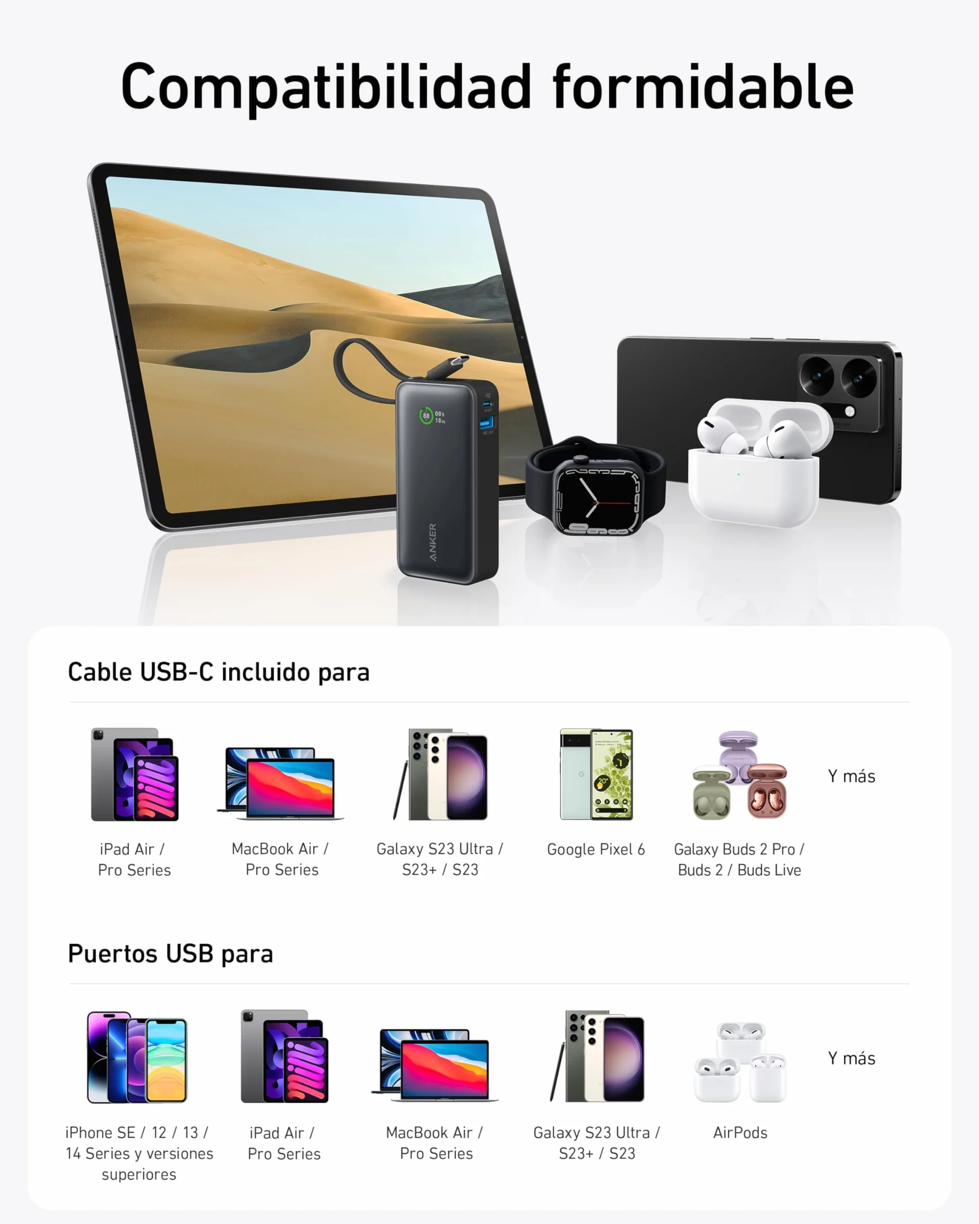 Anker Nano Power Bank 10.000 mAh Powerbank con Cable USB-C Integrado, PD 30 W de Potencia Máxima con 1 x USB-C & A, Compatible con iPhone 17/16/15/14 Series, MacBook, Galaxy, iPad, AirPods y más