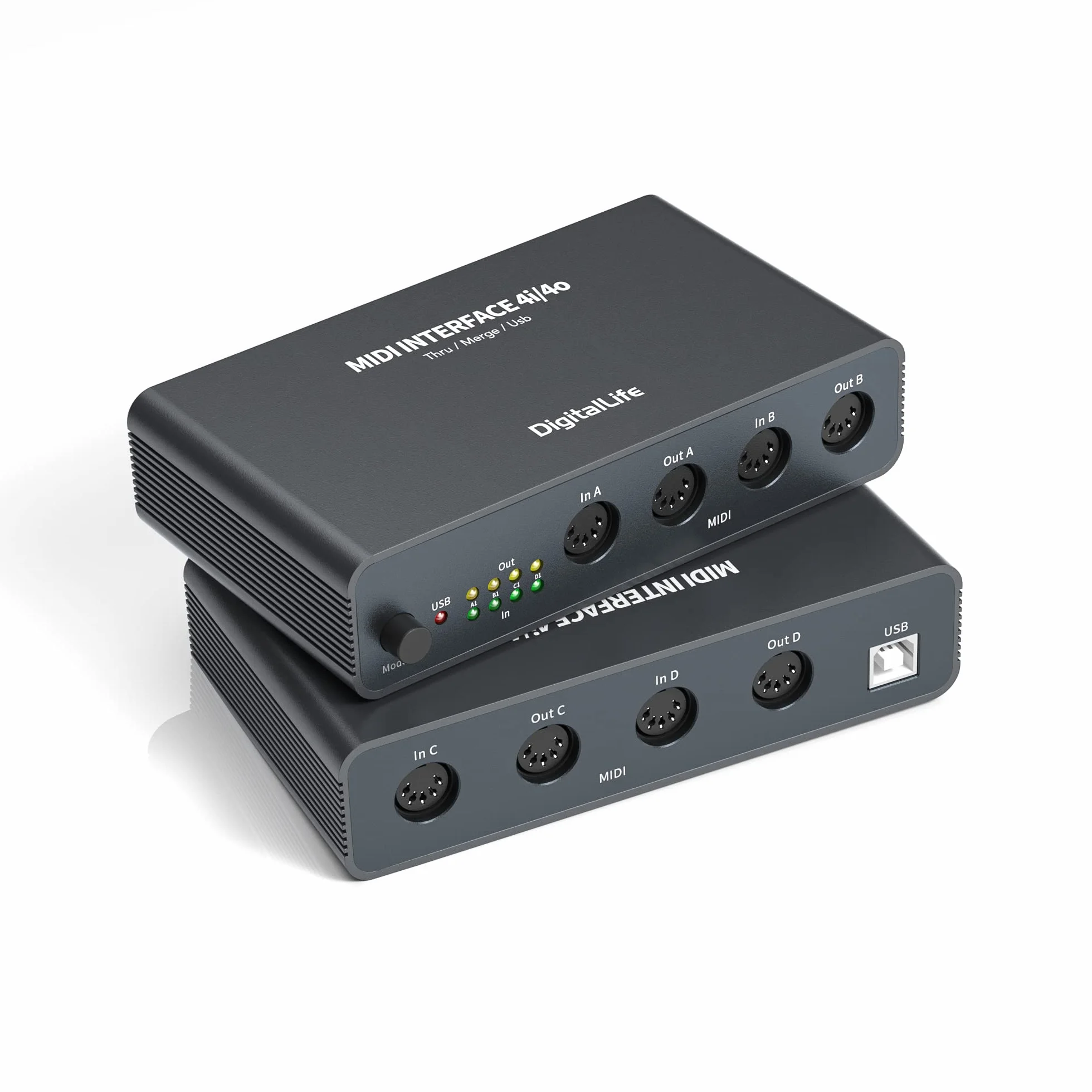 DigitalLife Quad I/O Pro 4x4 Interfaz MIDI USB – Merge/Thru/Splitter de 5-Pin DIN, Carcasa Metálica con 8 Indicadores LED | Compatible con Teclados, Sintetizadores y Drum Machines | UMB06-B
