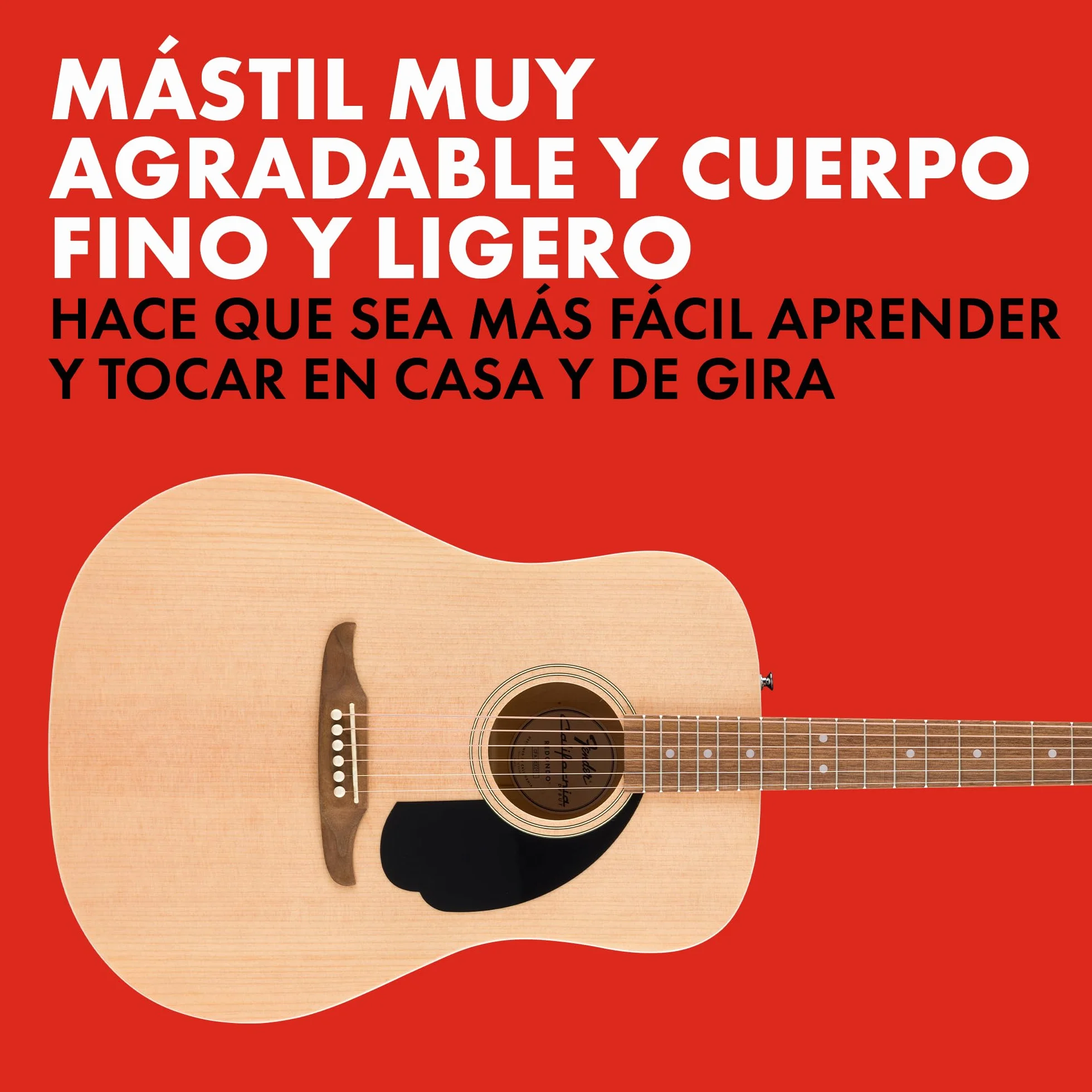 Fender guitarra acústica California Debut Redondo en acabado natural, funda, correa, cable, púas, soporte para guitarra