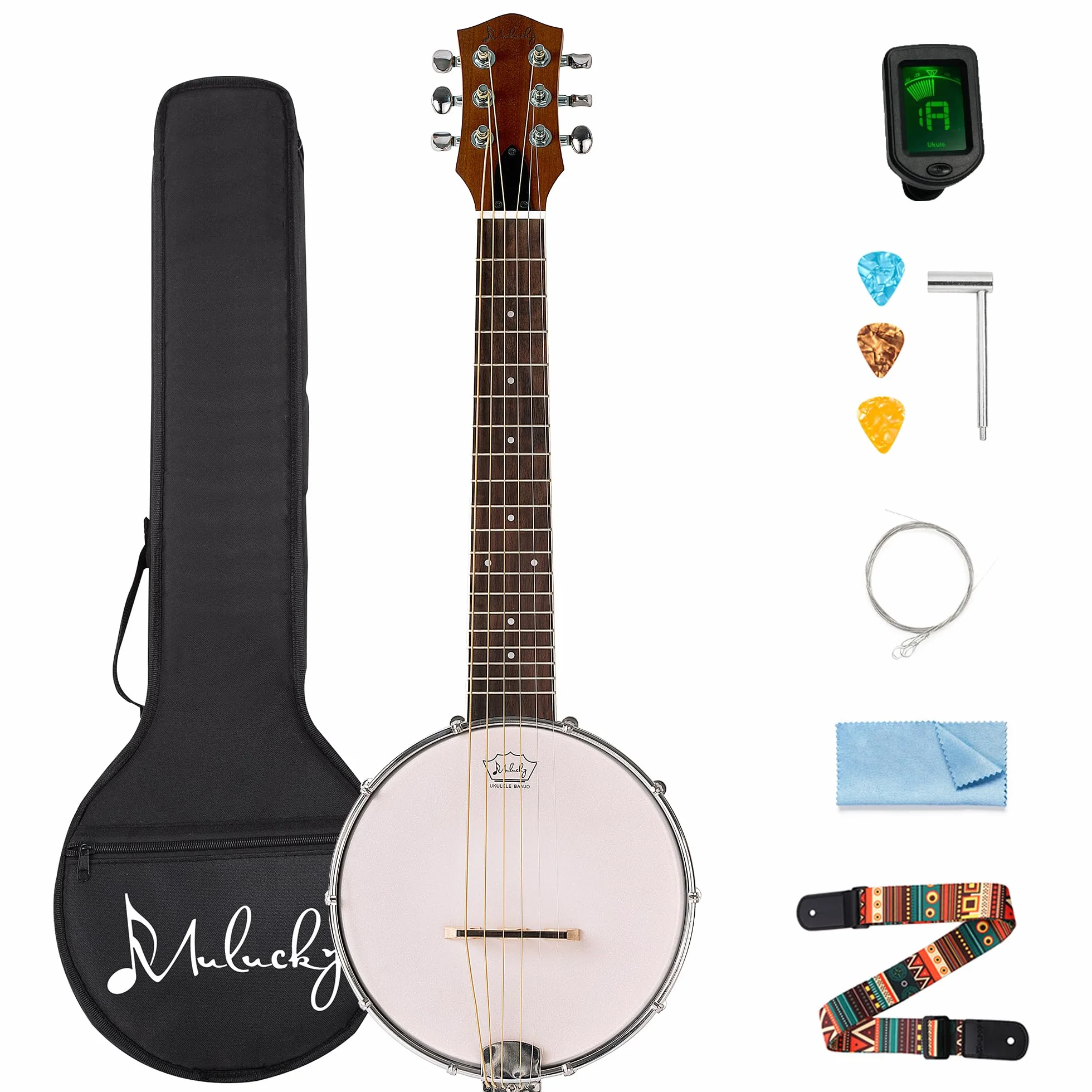 Mulucky Banjo de 6 cuerdas, tamaño de concierto de guitarra Banjo de 26 pulgadas, mini banjitar, parte trasera cerrada de madera maciza, kit para principiantes con bolsa de armadura, afinador, púas de