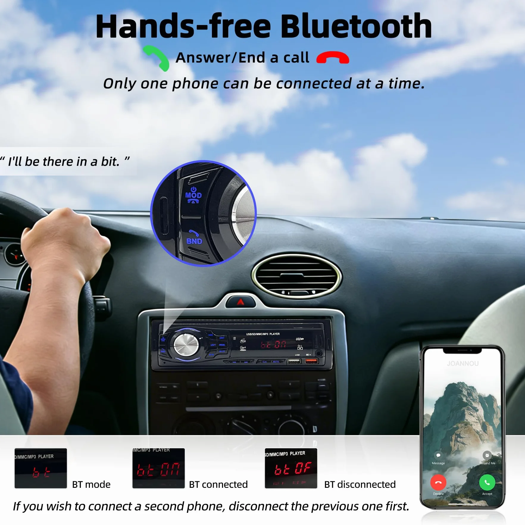 Radio Coche Bluetooth 1 DIN - Autoradio con 2 Puertos USB, Manos Libres, Entrada AUX y SD | Control Remoto y Radio FM - Estéreo Universal para Coche 12V (Negro)
