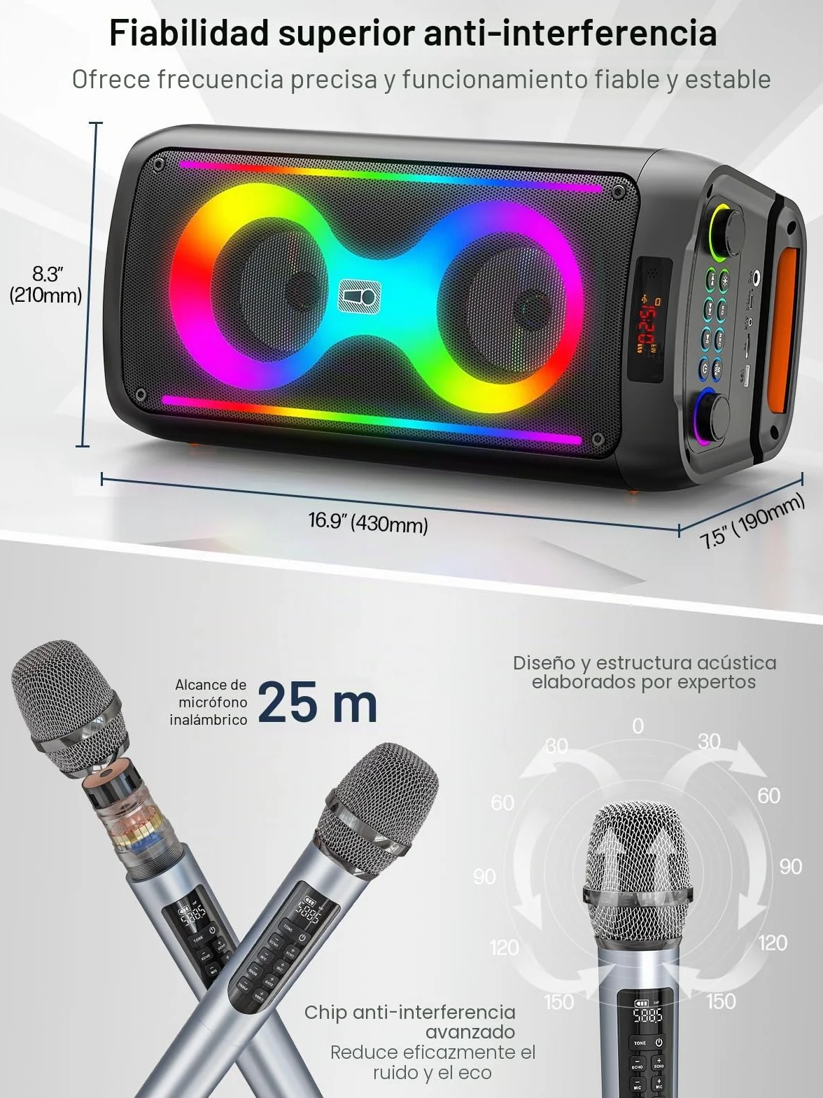 Máquina de Karaoke para Adultos, Altavoz Bluetooth Portátil con 2 Micrófonos inalámbricos, Sistema PA con Iuces de Discoteca para Fiestas Grandes, al Aire Libre, soporta USB/TF/Rec/AUX
