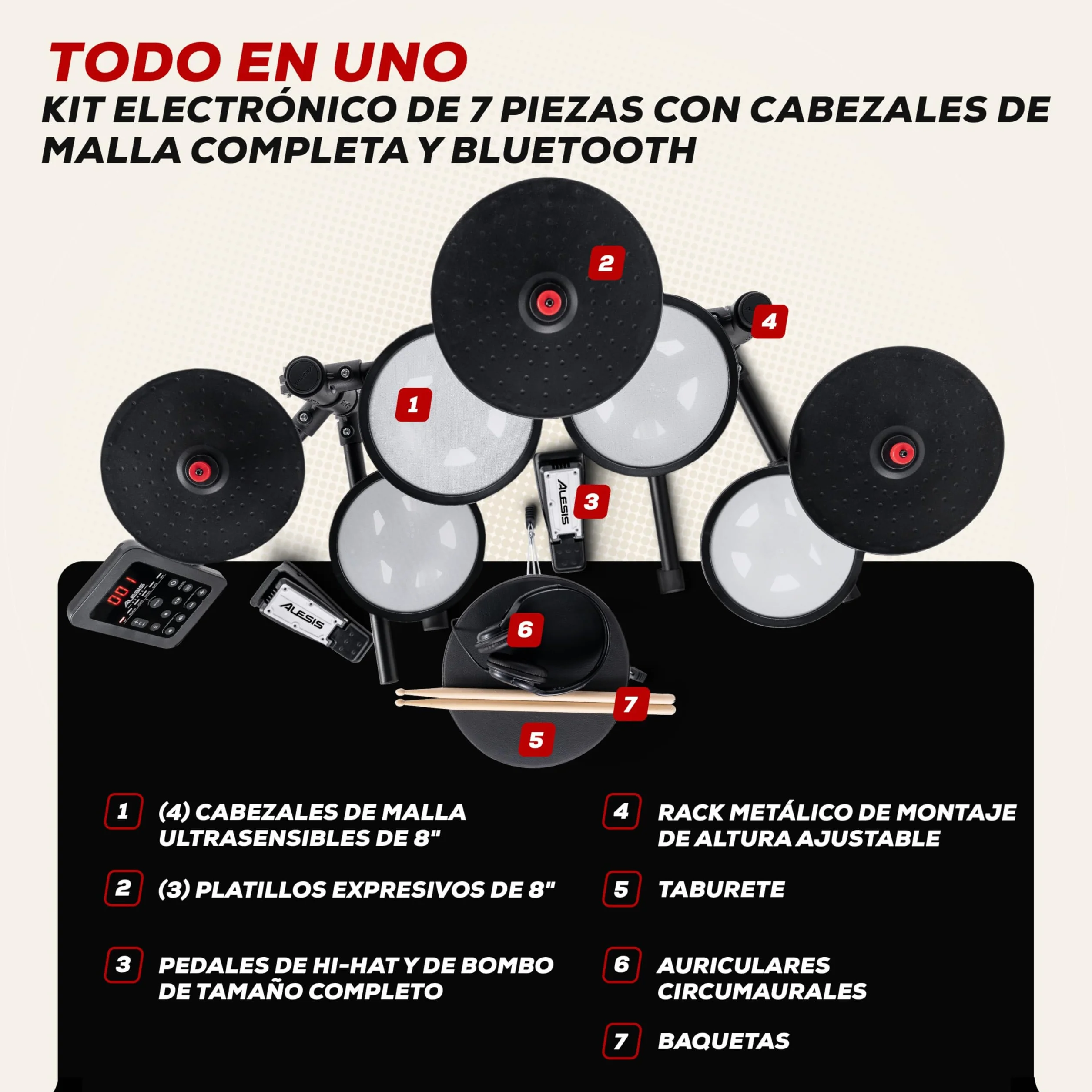 Alesis Turbo Max Set de Batería Eléctronica con Parches de Malla Silenciosos de 8 Pulgadas, Lecciones de Percusión, Bluetooth y Accesorios