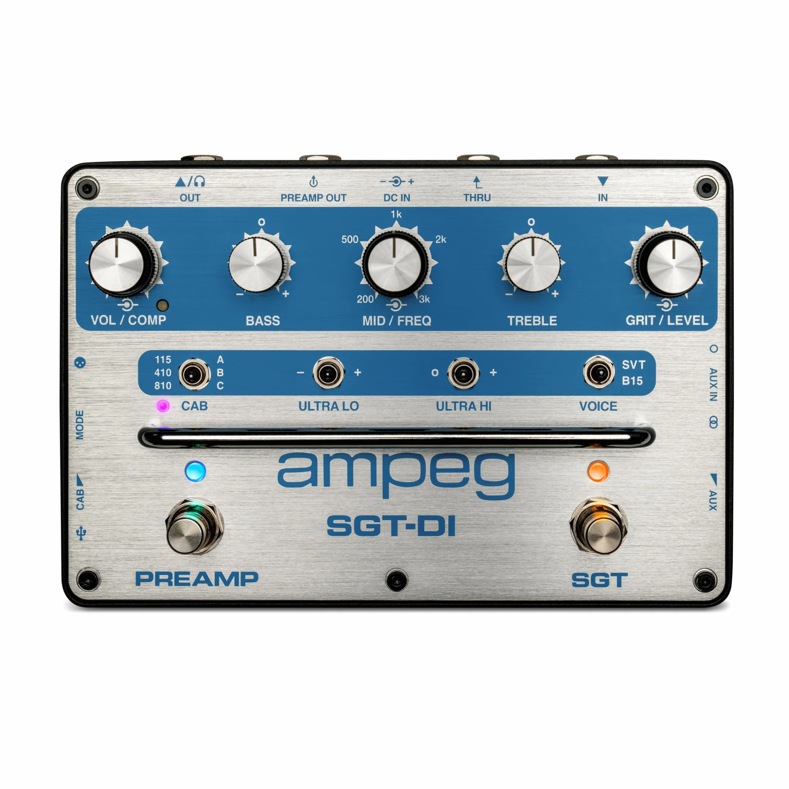 AMPEG SGT-DI Bass Preamp Blue Line Anniversary Edition-Preamplificador Ampeg conmutado por pedal con voicings SVT/B15, IR Loader, EQ de 3 bandas con medios barribles, compresor y filtros Ultra-Hi/Lo