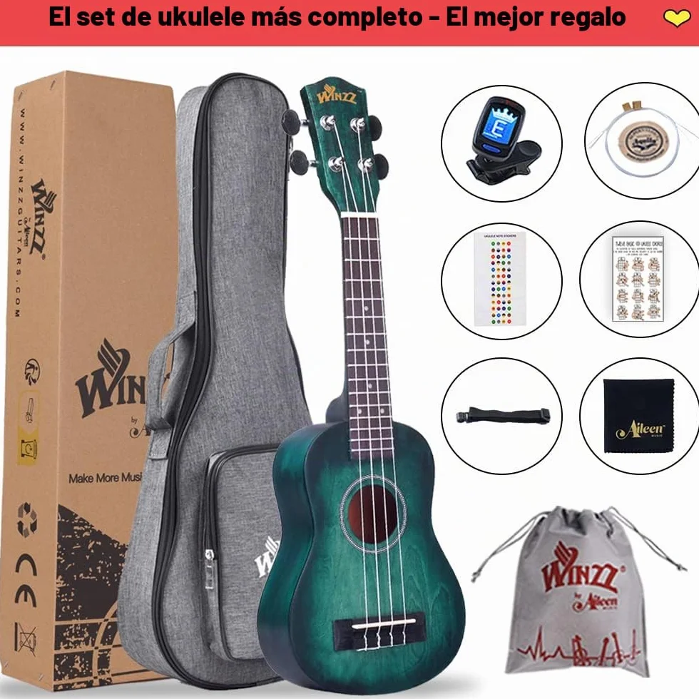 Winzz Ukelele Soprano Principiante para Niños Adulto con 8 Accesorios, Diseño de Color Único - 21 Pulgadas Cian Oscuro