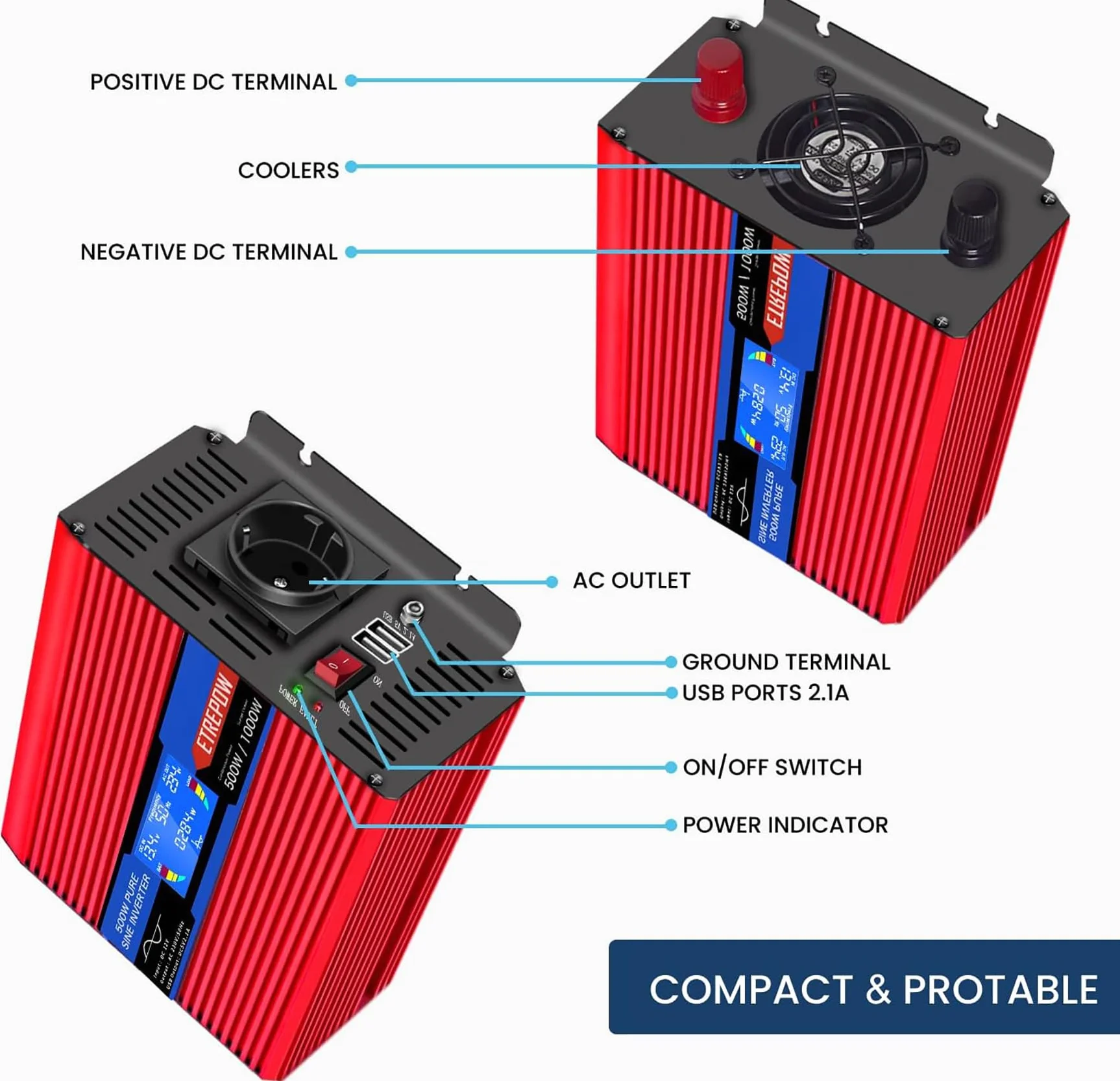 Inversor 12v 220v Onda Pura 500w/1000w Convertidor de Voltaje con 2 USB, Control Remoto Inalámbrico, Pantalla LCD Adecuado para Sistema Solar, Coche, Camping，caravanas