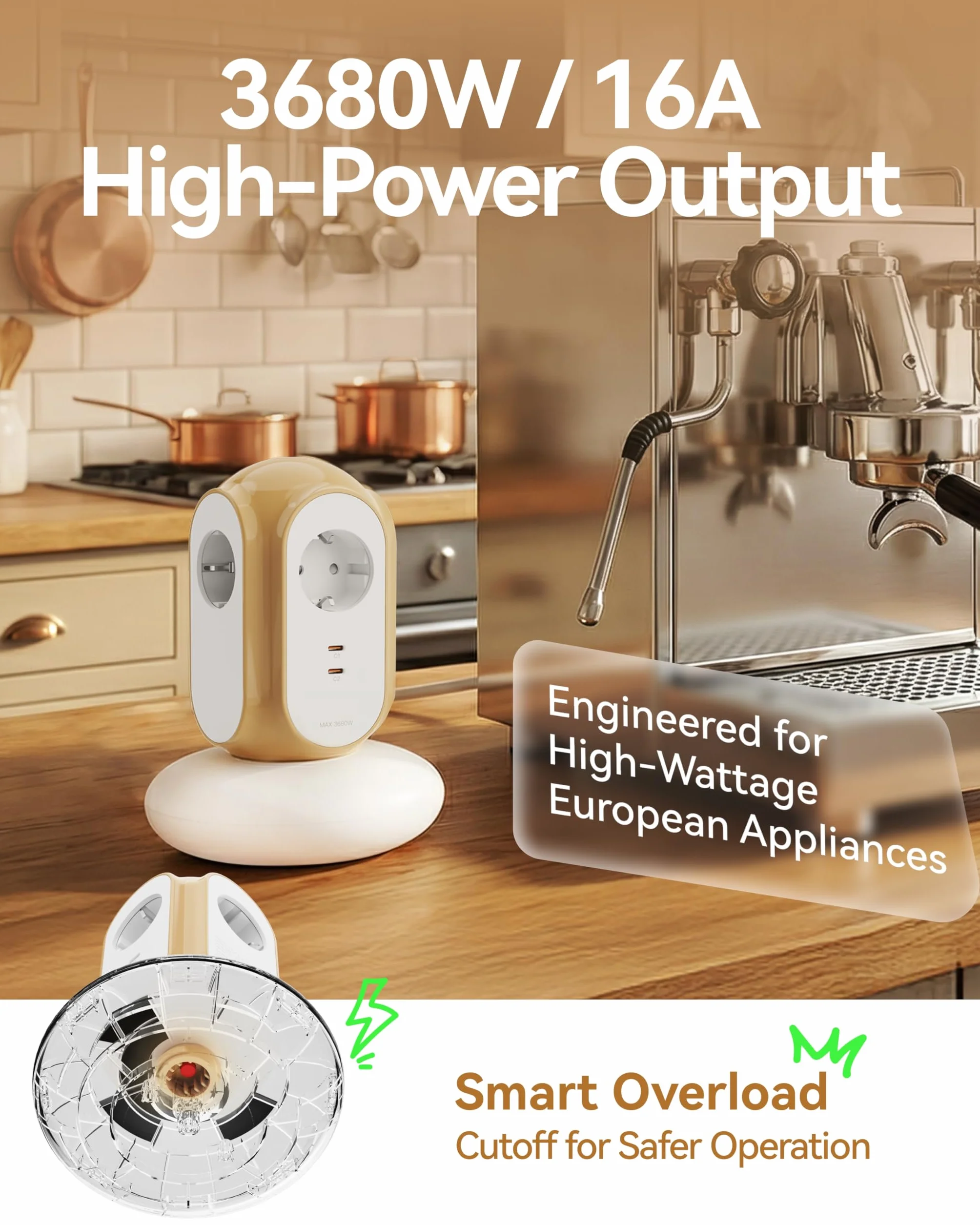 MiaoLab Regleta Eléctrica en Torre con 3 Tomas AC y 2 USB-C (Carga Rápida 30W), 3680W/16A, Protección contra Sobretensiones 1420J, Cable de Extensión 2 m, Protección contra Sobreca (Beige Toscano)