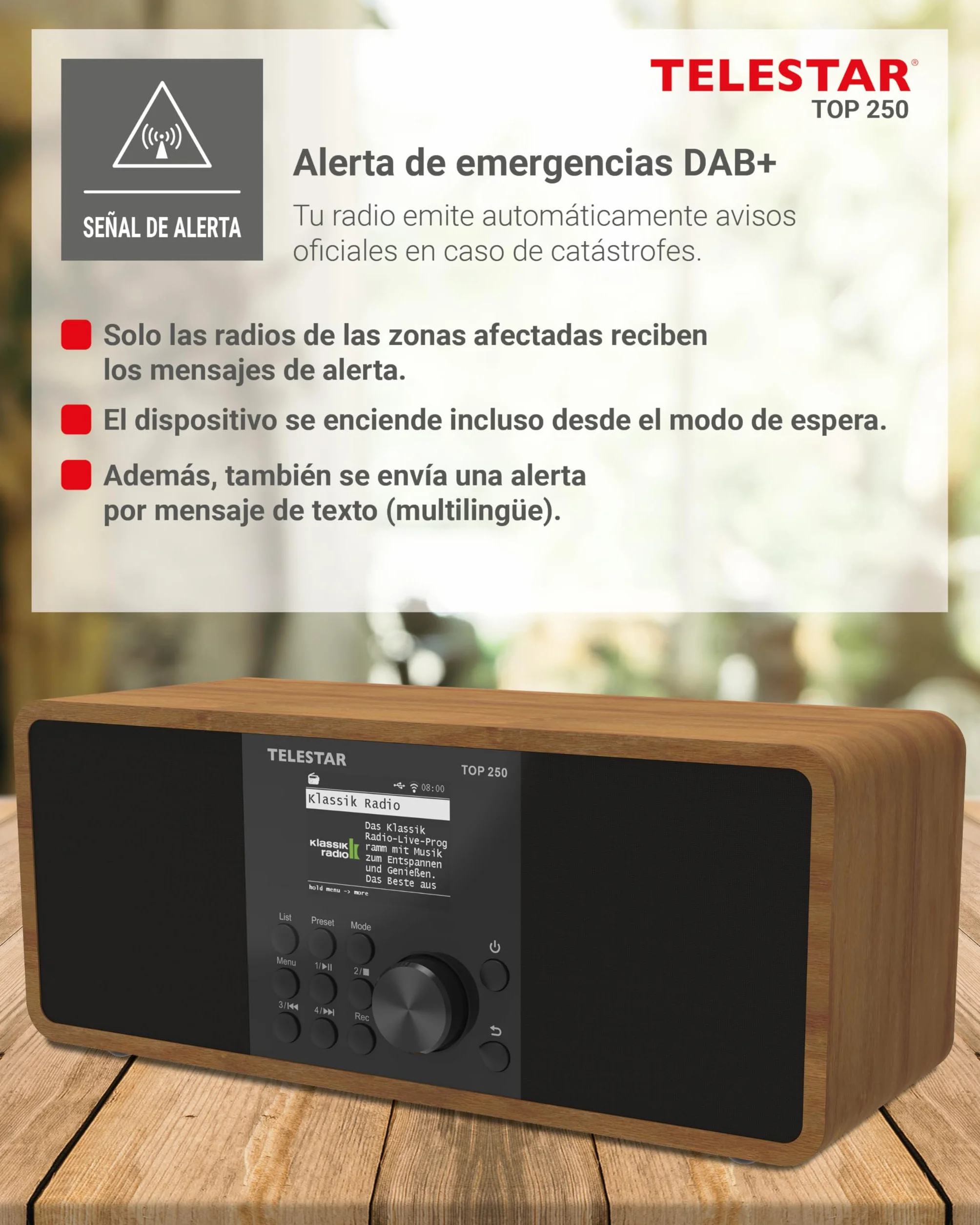 TELESTAR Top 250 – Dab+/Radio por Internet (estéreo, 2 × 10 W, Bluetooth Audio-Streaming & función de envío, grabación USB, Sistema de Emergencia, Control por App) – Madera
