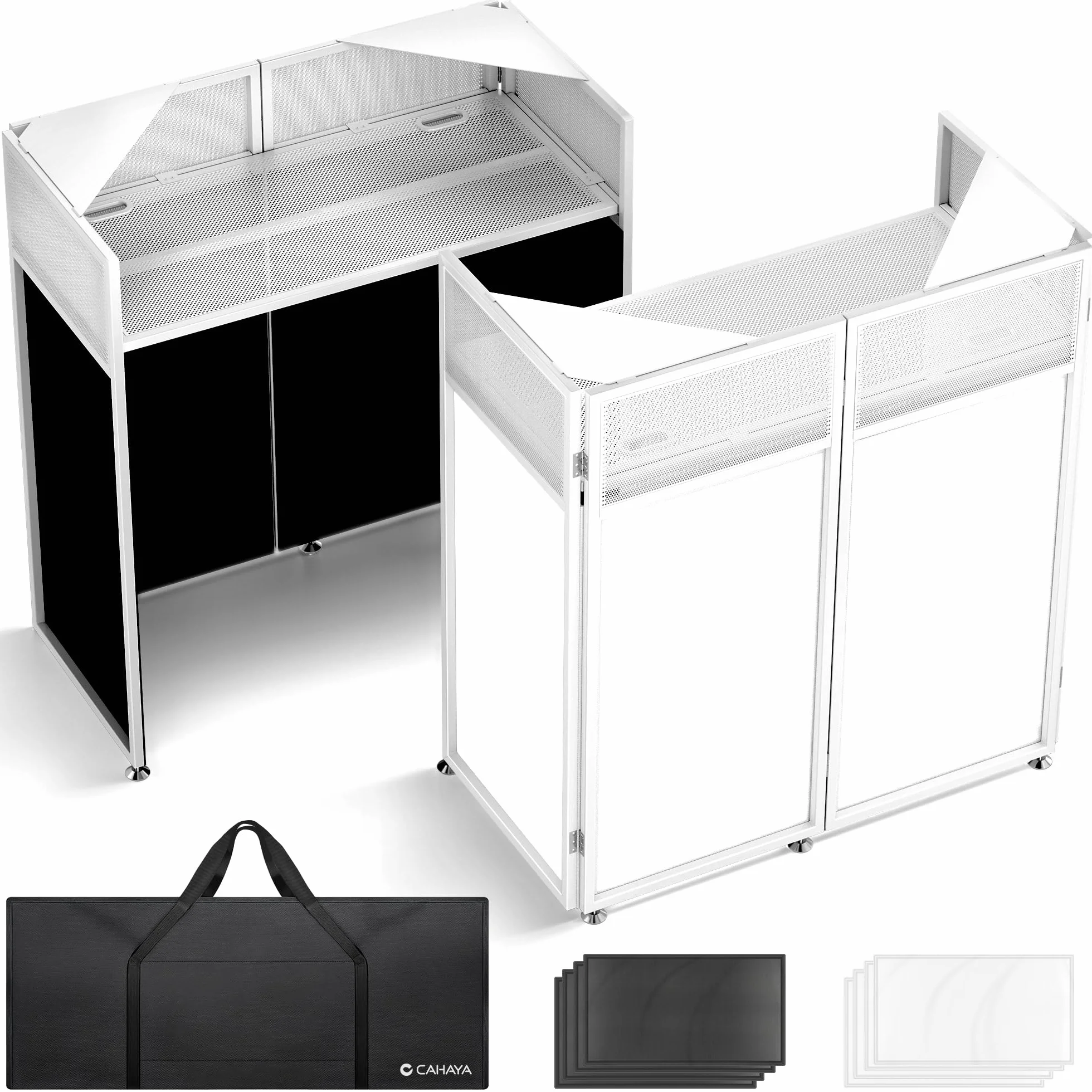 CAHAYA Mesa DJ Portátil Plegable – Cabina DJ con Fundas Negra y Blanca, Estructura Metálica Estable, Gestión de Cables y Bolsa de Transporte, para Controlador y Portátil, 102×51 cm, Blanco