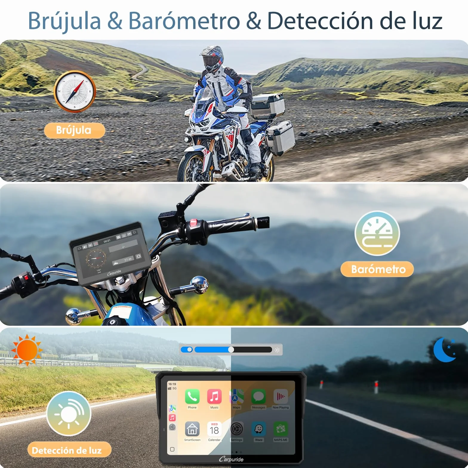 Carpuride W702T Pro Motocicleta Carplay Pantalla con TPMS Sistema, Inalámbrico CarPlay y Android Auto, 7" Impermeable Táctilpantalla, Dual Bluetooth, Intercomunicador Función, Nav, Brújula, Barómetro.
