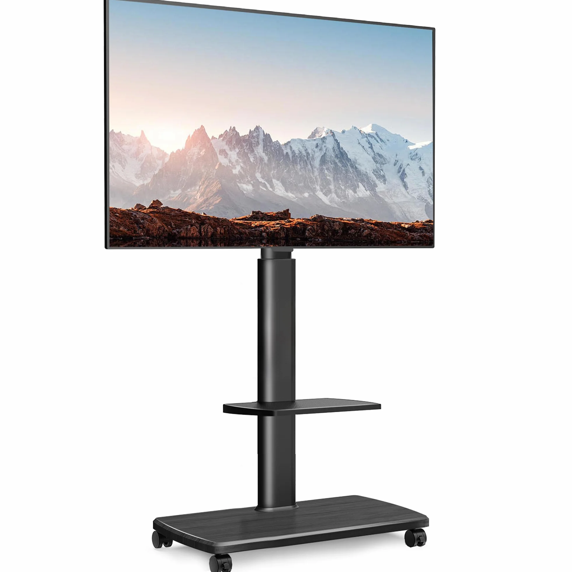 FITUEYES Soporte TV de Pie Ruedas para Pantallas de 32 a 70 Pulgadas con Base de Madera,MAX VESA600*400mm,Soporte de TV con Ruedas con Giro de Placa,Ajuste de Altura,Gestión de Cable,con Estante