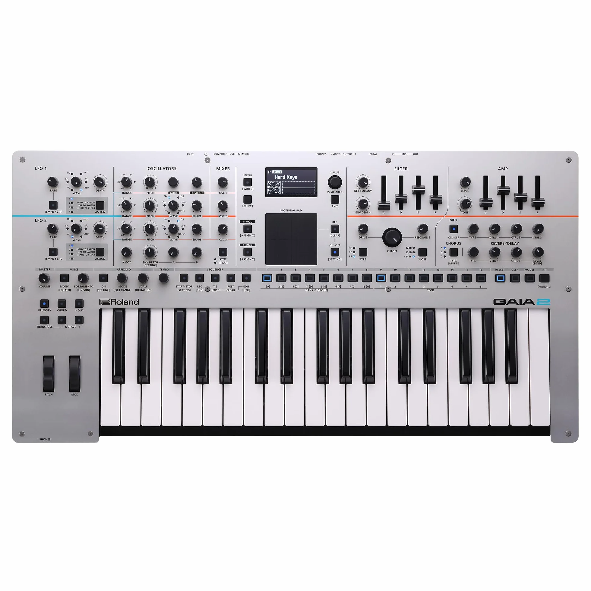 Sintetizador Roland GAIA 2 con prestaciones sonoras avanzadas | Generador de sonido híbrido que combina síntesis de tabla de ondas y virtual analógica | Motional Pad integrado