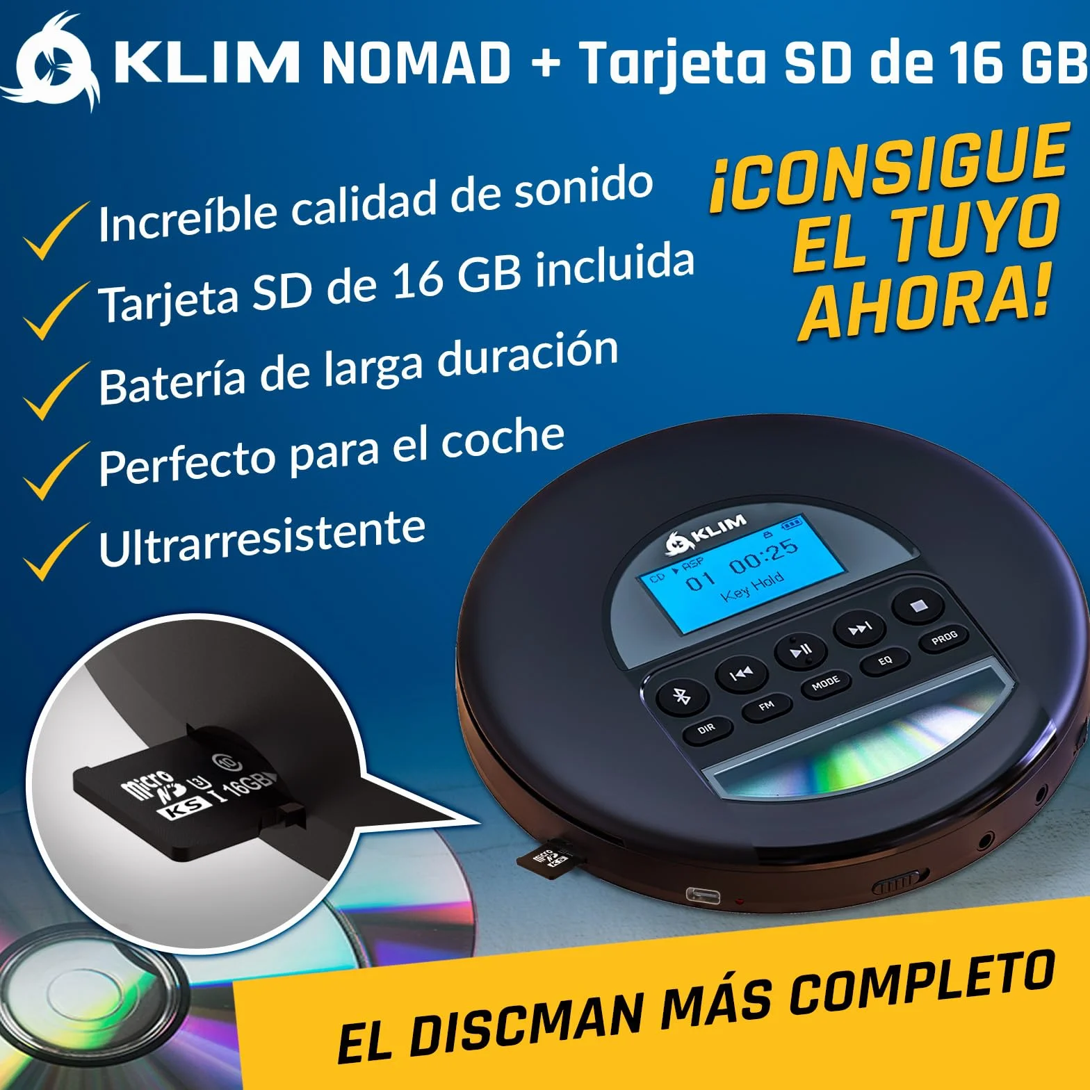KLIM Nomad Reproductor CD Portátil con Batería Interna Larga Duración y Auriculares Fusion - 16GB TF Card - CD Player Mini Compacto - Radio FM Compatible CDR CDRW MP3 - Negro