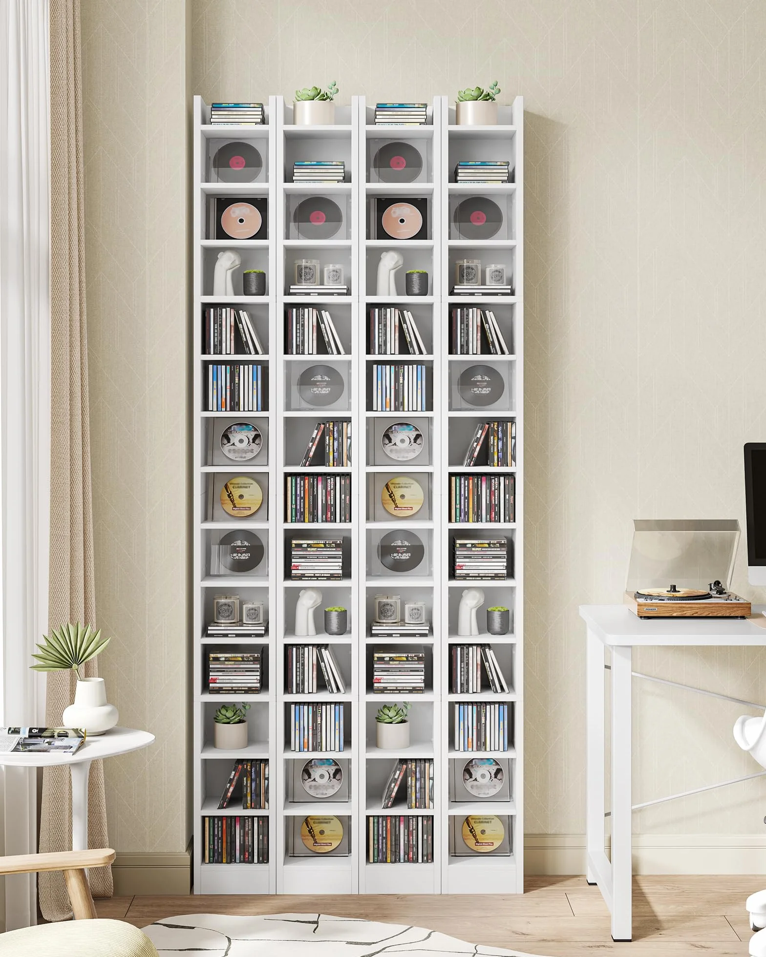 Hzuaneri Estanterías para CD o DVD Soportes, 14 Compartimientos, para 272 CDs, Estante Ajustable para Salón, Oficina, 17 x 20 x 213 cm, Blanco CR21403XV1
