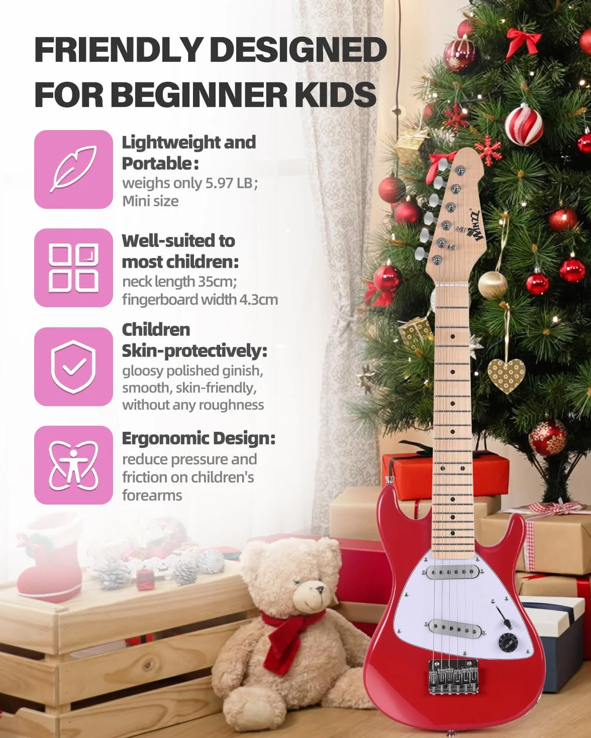 WINZZ - Kit de guitarra eléctrica para niños de 30 pulgadas, para principiantes, guitarra eléctrica mini de tamaño 1/4, conjunto completo de iniciación con amplificador, color rojo brillante