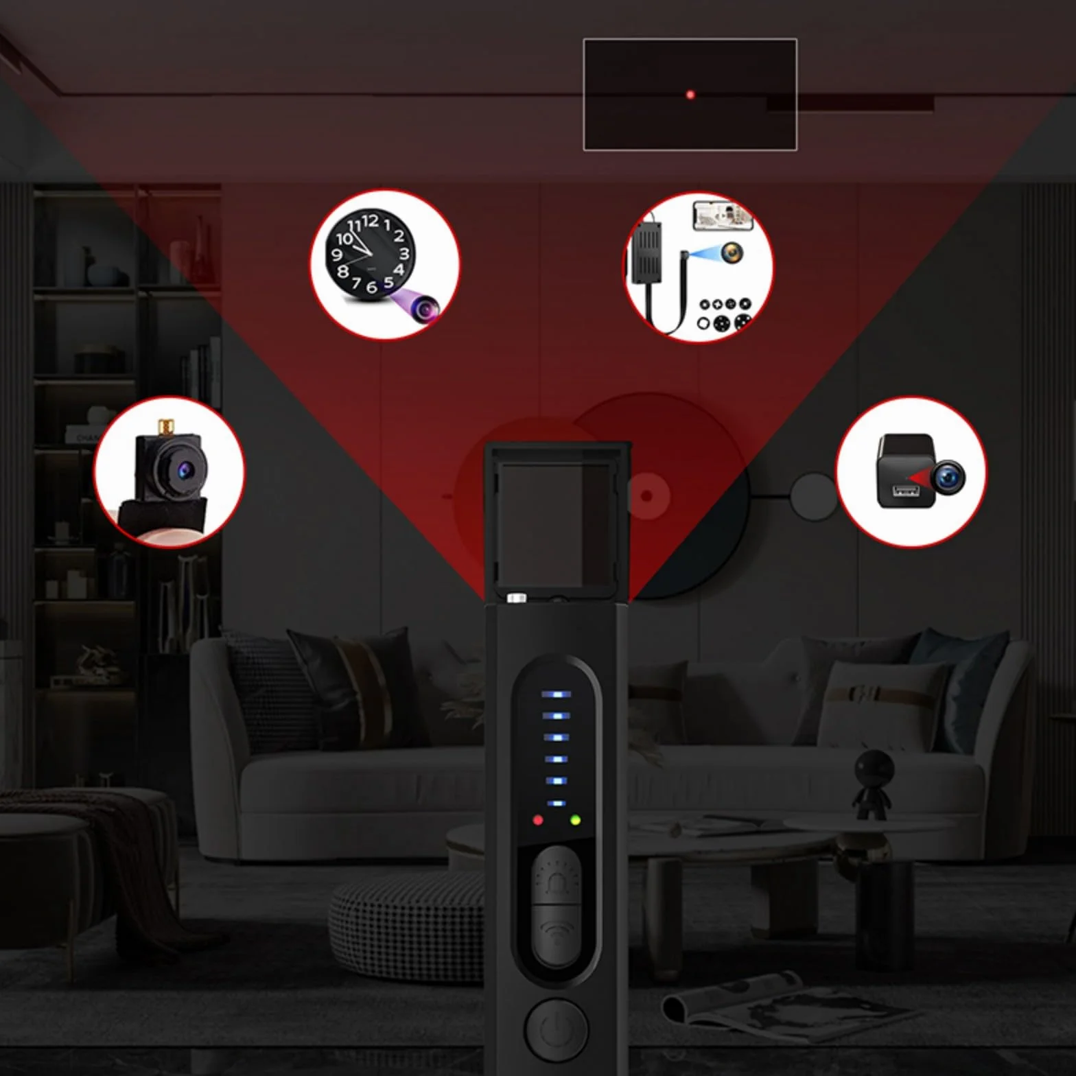Detector de Camaras y Microfonos Ocultos, Detector de Dispositivos Ocultos Inalámbrico, Detectores de Cámara Oculta, GPS y Señales RF con 6 Niveles de Sensibilidad para Hotel, Hogar, Oficina y Viajes