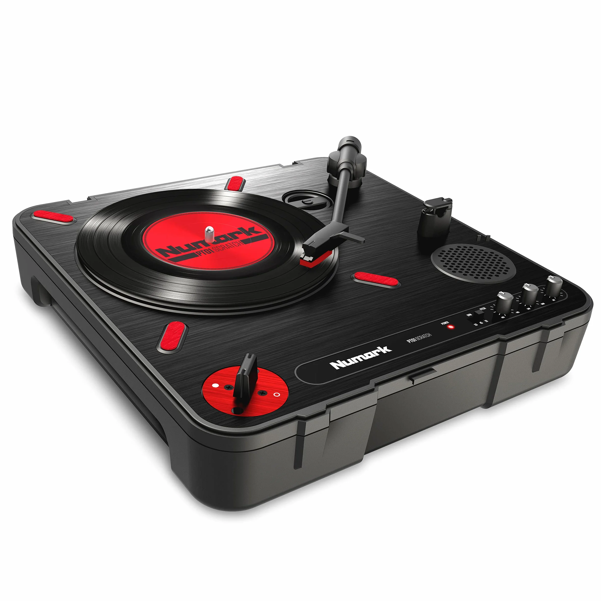 Numark PT01 Scratch - Plato Giradiscos de DJ, para Portabilistas con Mando Scratch Switch Cambiable, Altavoz Integrado, Alimentación por Pilas o Adaptador de Corriente, 3 Velocidades RMP, USB