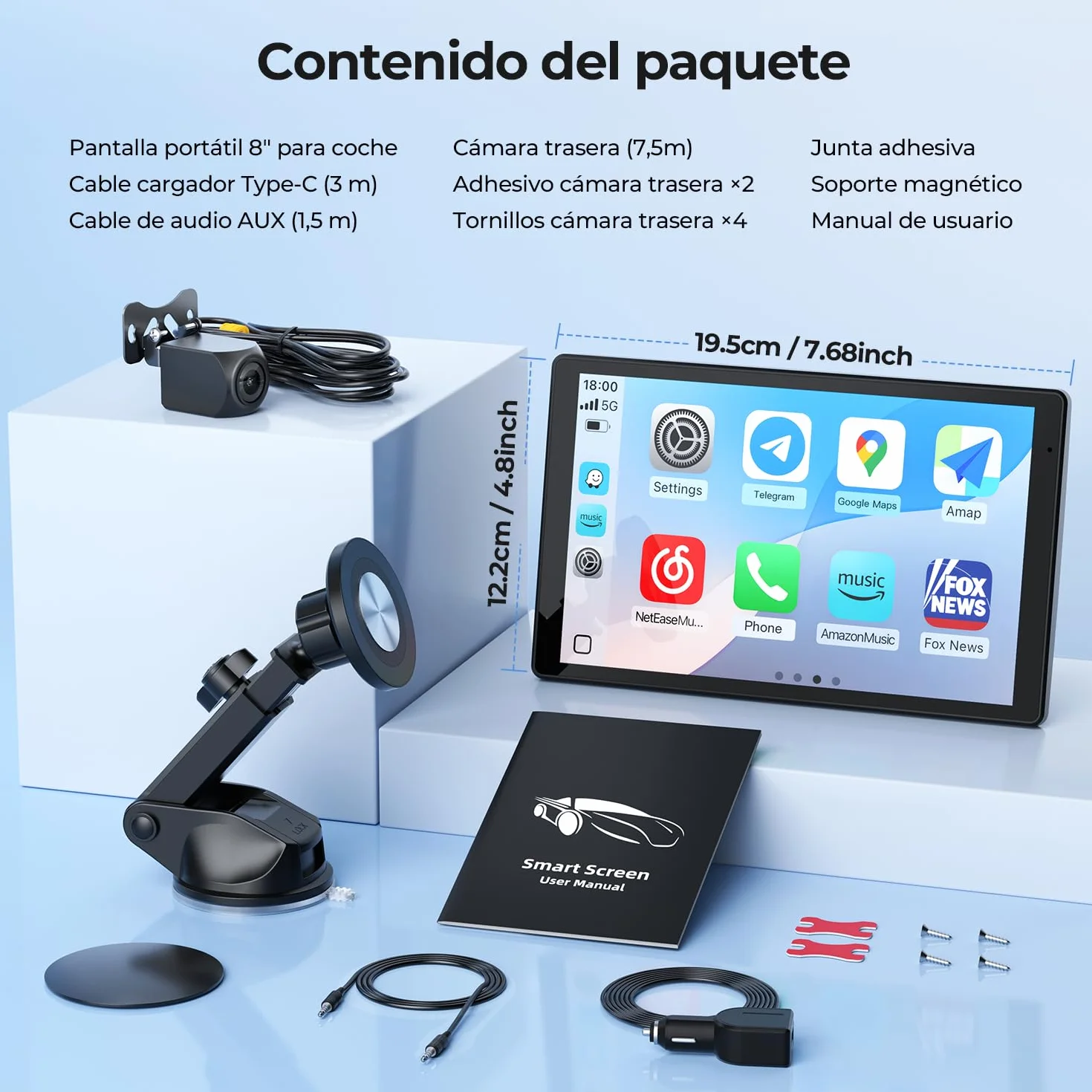 Carplay - Pantalla portátil de 8 pulgadas para coche Apple CarPlay y Android, pantalla HD de 1440 x 900, soporte magnético, actualizaciones OTA, cámara trasera, Bluetooth, control por voz
