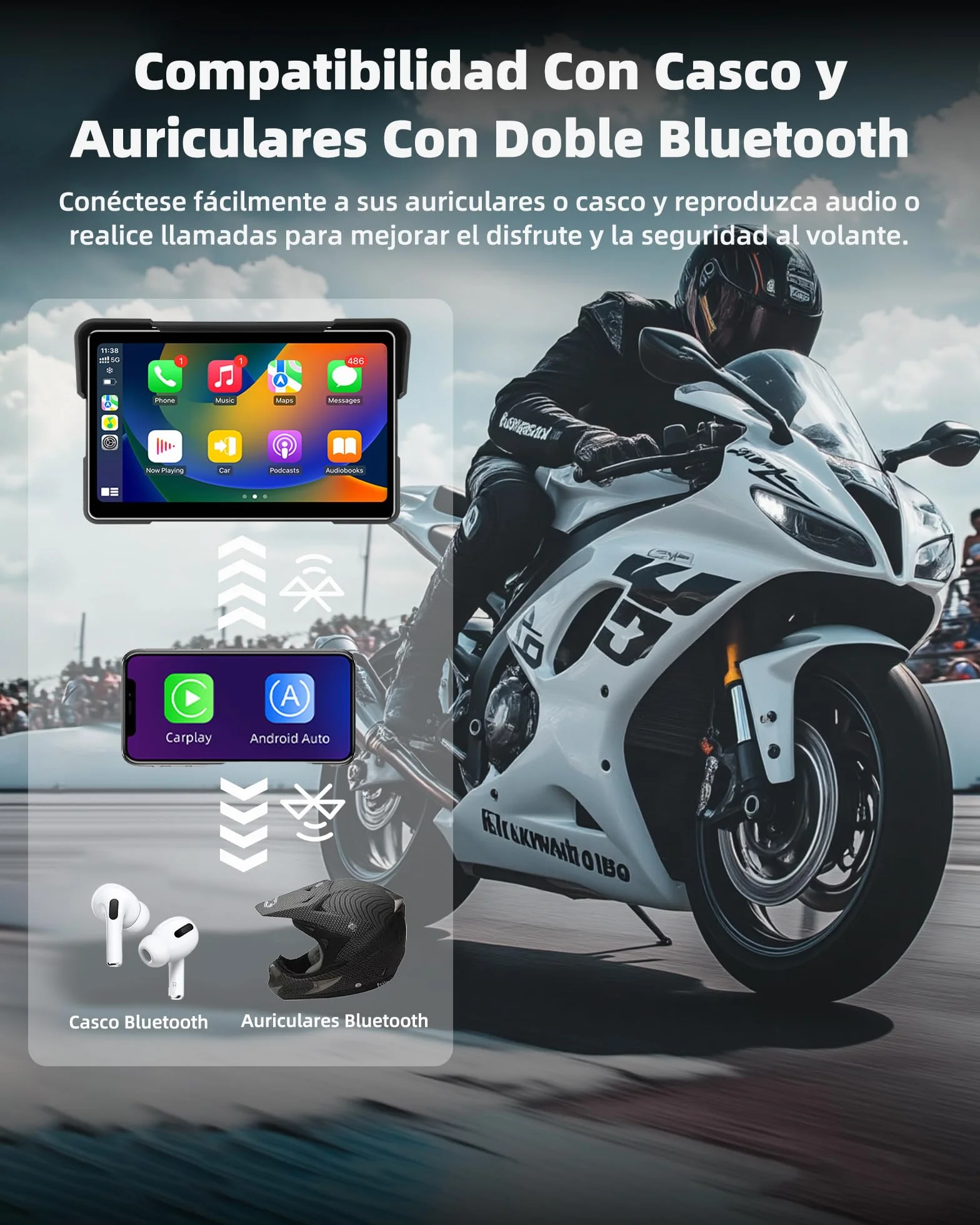Jansite 7 Pulgadas Carplay Motorcycle GPS Android Auto Navigation con Bluetooth Impermeable IP67