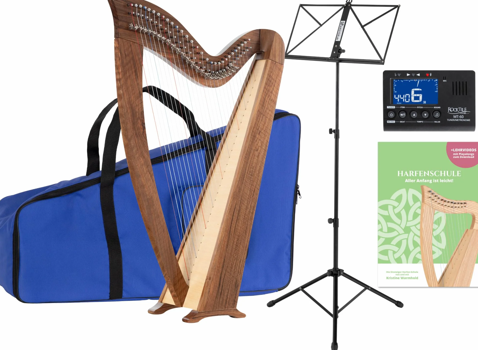 Classic Cantabile H-29 WN Arpa Celta: 29 cuerdas, semitono, afinada en Mi bemol mayor. Incluye funda, escuela, atril, afinador y 2 llaves. Altura: 101 cm.