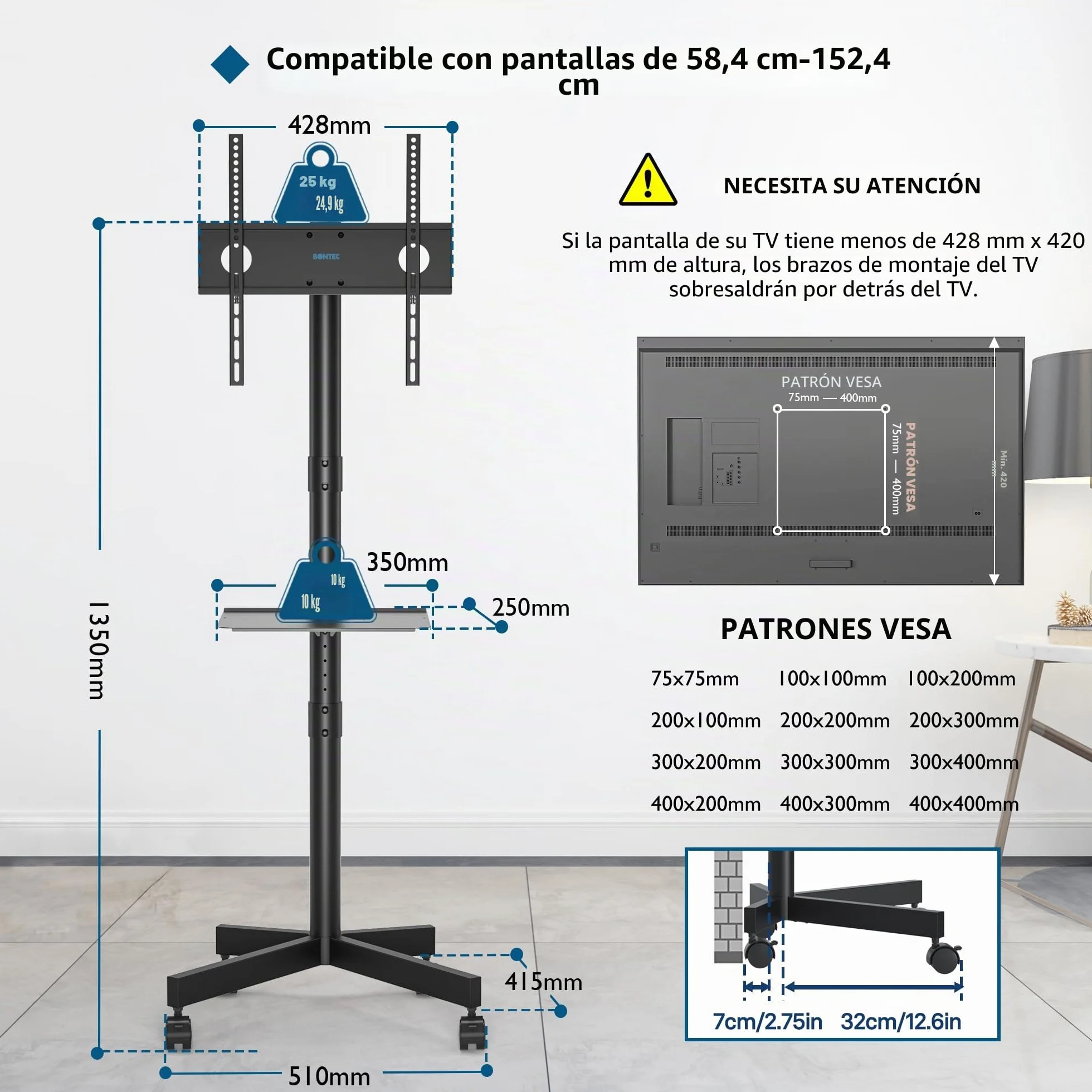 BONTEC Soporte TV Ruedas para Televisión de 23-60 Pulgadas, Móvil, Altura Ajustable, hasta 25 kg, VESA 400x400 mm