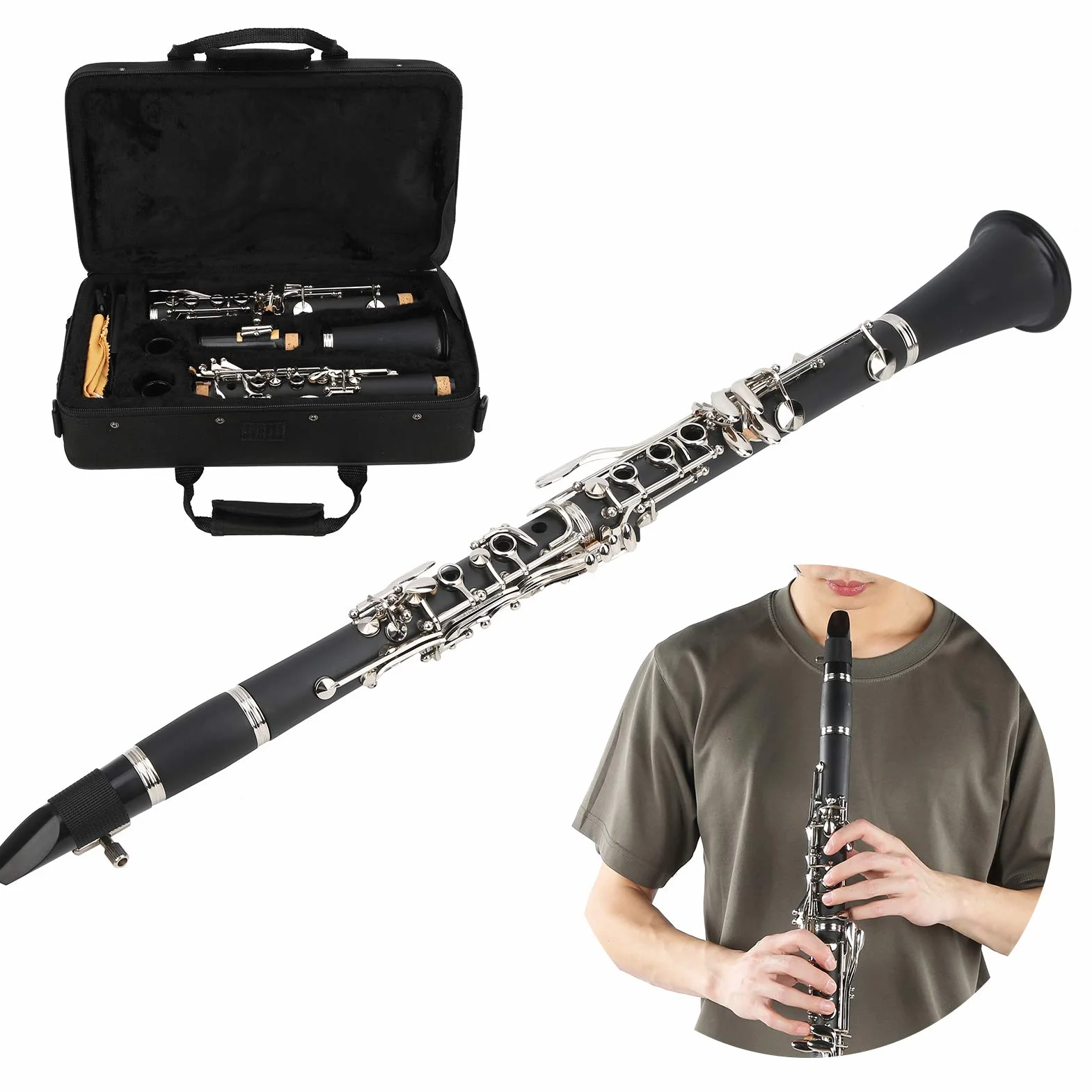 Clarinete para principiantes, madera de larga duración con paño de limpieza Clarinete para llave en Sib, para principiantes Niños(black)
