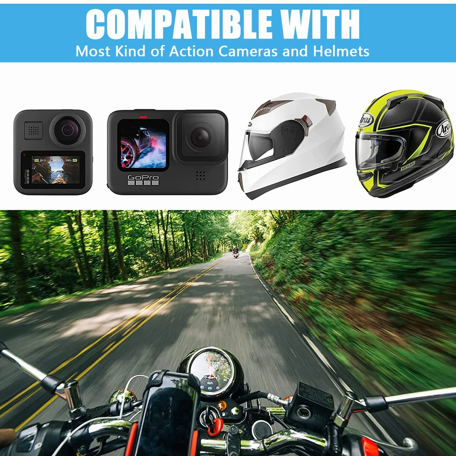 Soporte para Casco de Motocicleta, Soporte de Correa para Casco de Motocicleta, Ajustable, Soporte Camara Casco Moto Compatible con GoPro y la Mayoría de Cámaras de Acción