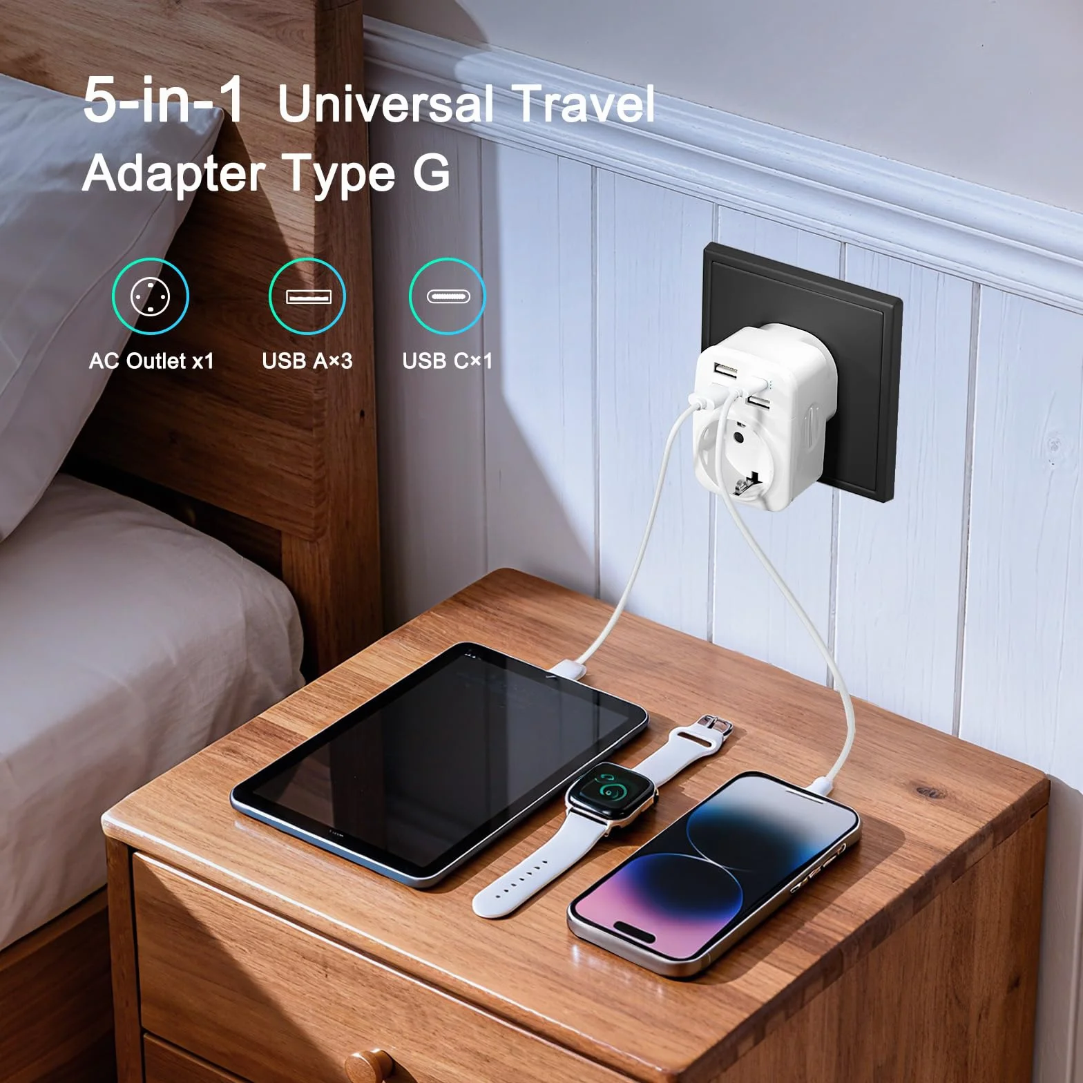 Hoppac 5 en 1 Adaptador Enchufe UK Tipo G con 3 USB A y 1 USB C para Viajes