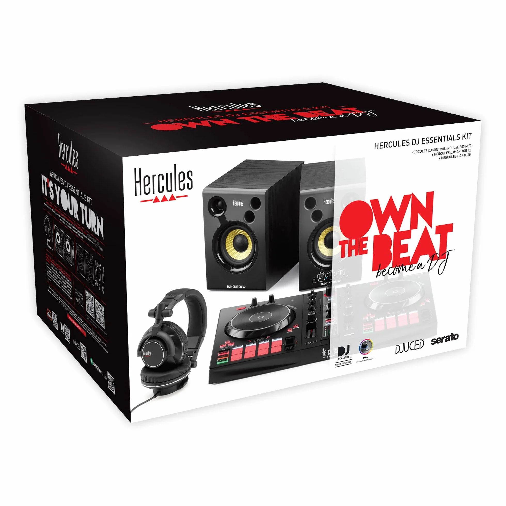Hercules DJ Essentials Kit - Pack Completo para DJ (Incluye Controladora Inpulse 200, Monitores DJMonitor 32, Auriculares HDP DJ45 y Software con Tutoriales) Negro