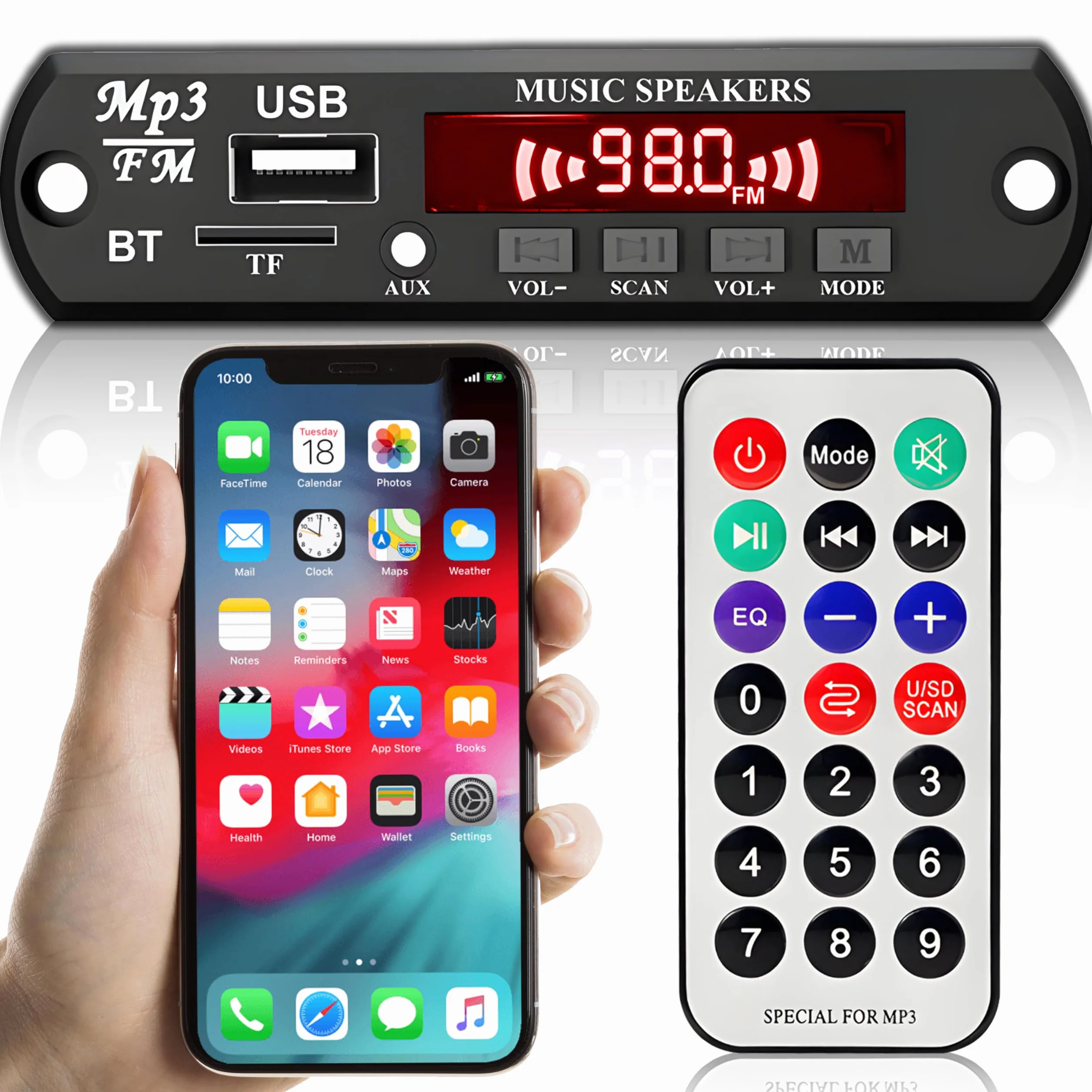 Retoo Placa decodificadora de Audio Bluetooth para automóvil con Control Remoto, Pantalla LCD y AUX 3.5 mm, 7V - 12V, módulo de Audio USB Radio FM, Compatible con SD, FM, FLAC, WAV, WMA y MP3