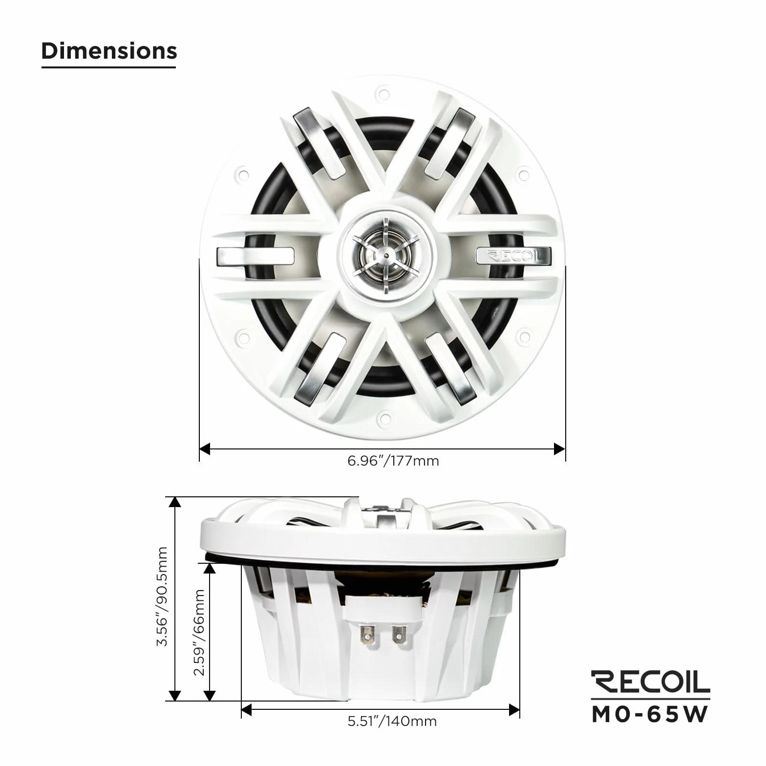 RECOIL Altavoces coaxiales M0-65W M0 Series 6.5 Pulgadas（177mm） para Barcos Marinos y UTV/ATV, un par de Rejillas Blancas, 4 Ohm, par máximo 240 W