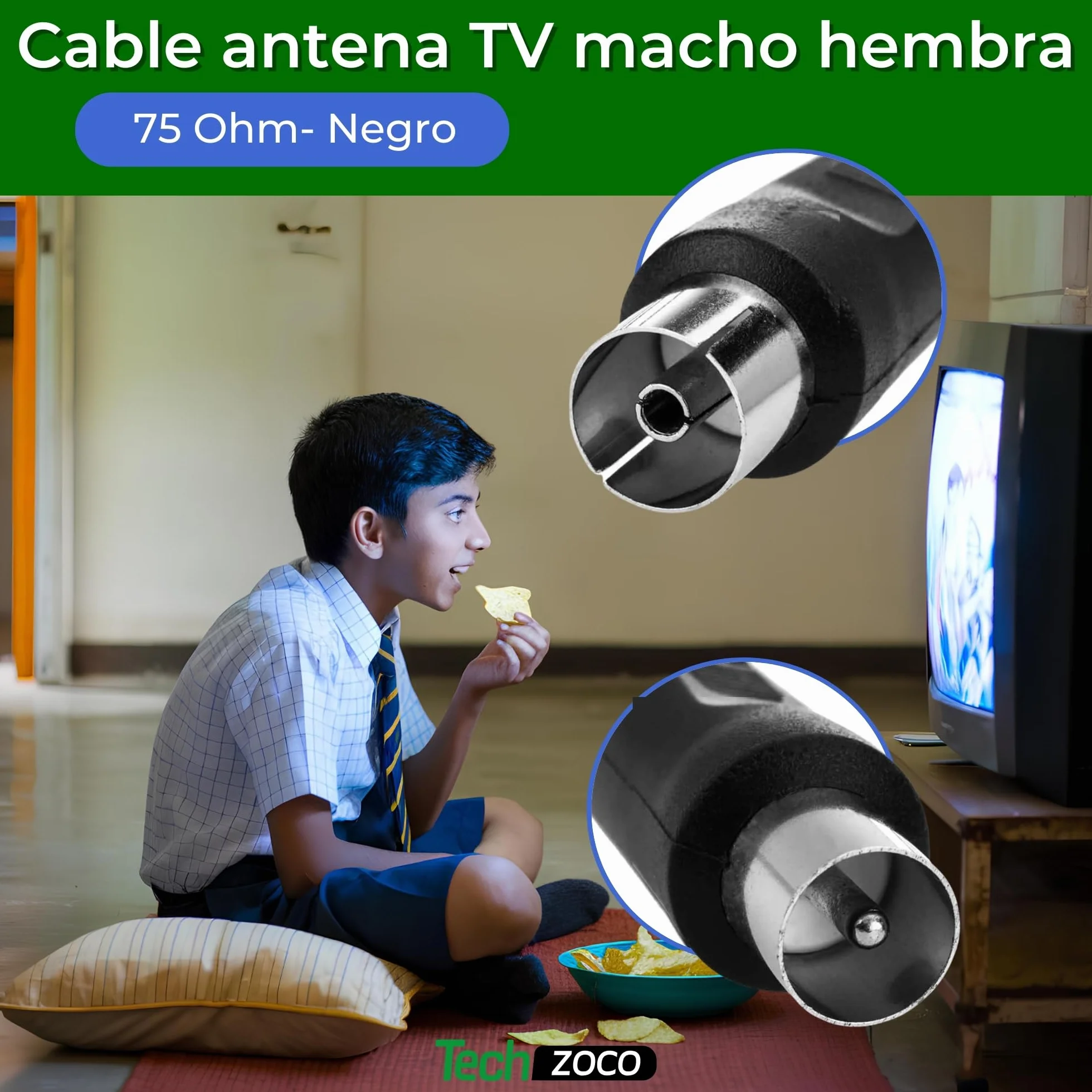 TECHZOCO Cable antena TV coaxial 75 Ohm 1.5 metros HDTV DVB-T2 DVB-C DVB-S 70dB Negro