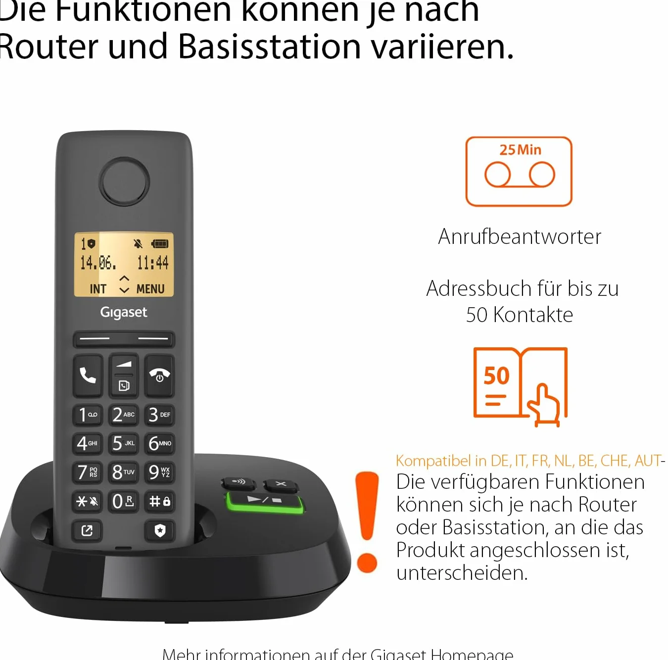 Gigaset Pure 120A - Teléfono inalámbrico - Teléfono DECT con contestador - Pantalla retroiluminada - Compatible con Audífonos, Protección de Llamadas no deseadas, Negro Antracita