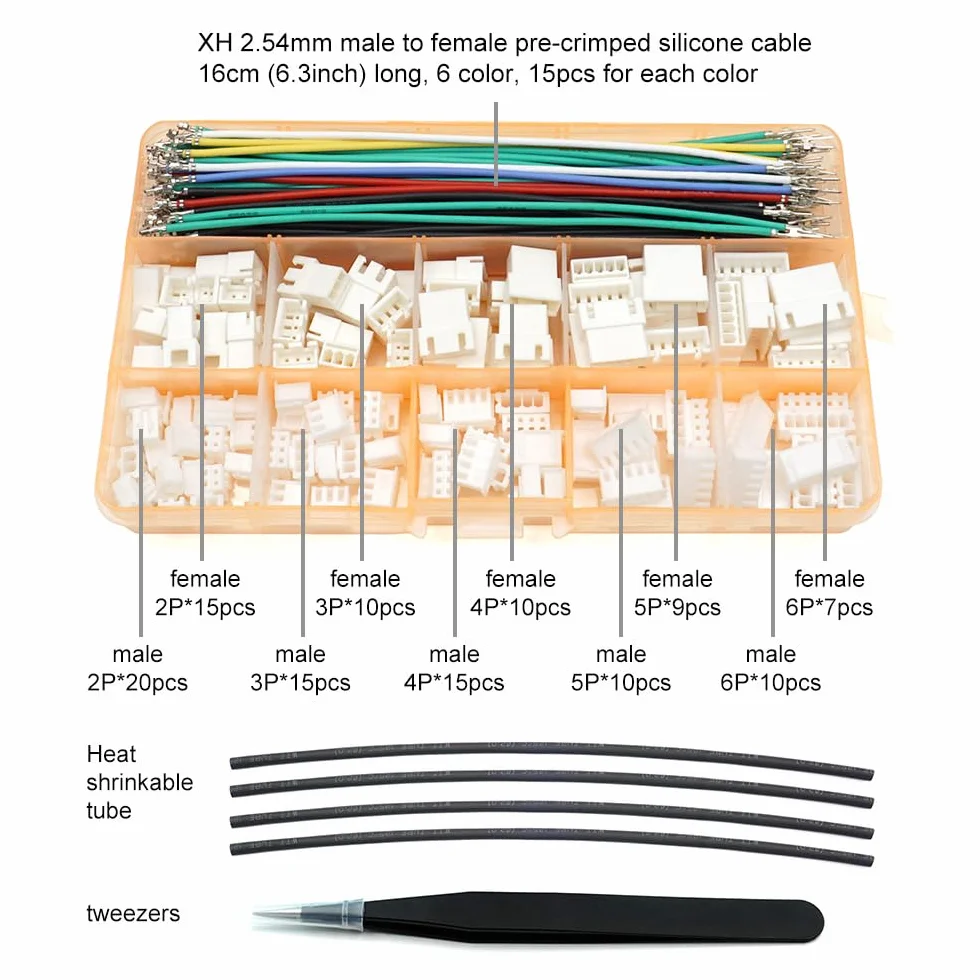 Conjunto de conectores XH 2,54 mm, compatible con JST XH, 2,54 mm de paso, macho, hembra, conectores y cables de silicona pre-crimpados de 22 AWG, cables de 2, 3, 4, 5, 6 pines