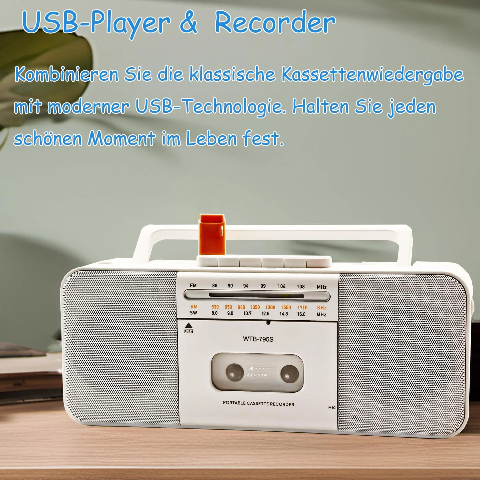 Reproductor y Grabadora de Cassette Multifunción - Bluetooth, Radio Am/FM/SW, Conversor a MP3, Altavoz 10W Portátil (Blanco)