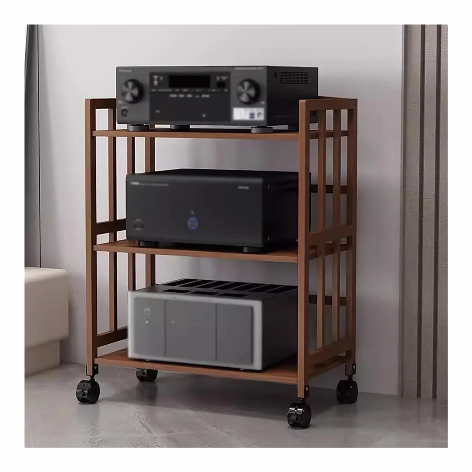Mueble Equipo Hifi Mueble estéreo de 3 niveles, estantería de almacenamiento de medios de gran capacidad for estanterías de equipos de audio y video, estantería de esquina con estante ajustable/ruedas
