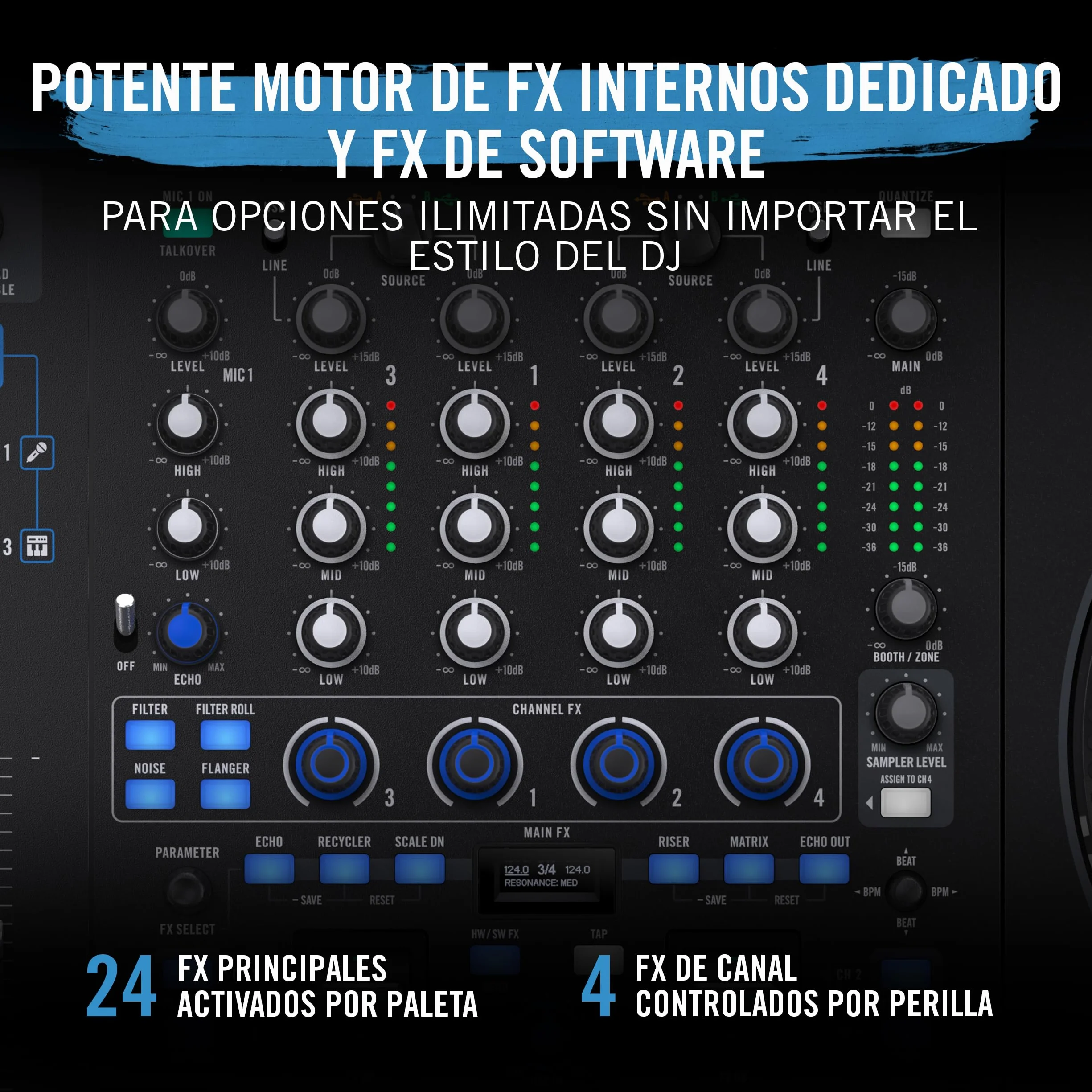 RANE FOUR Controlador DJ Stems Avanzado, 4 Canales, Jog Wheels de 8.5 Pugadas + Displays, Mezclador DJ con FX Internos, Serato DJ Pro + Pitch 'n Time DJ