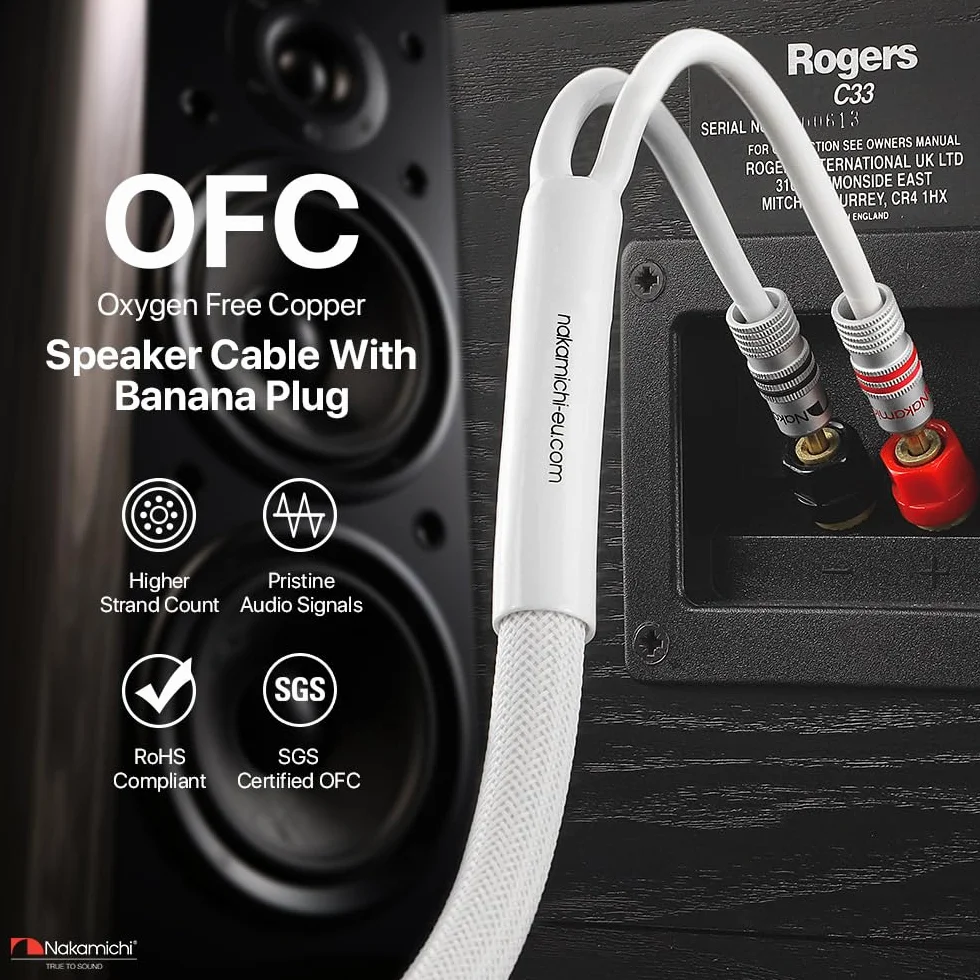 Nakamichi Excel Series Conector tipo banana chapado en oro de 24 quilates con cable de altavoz (6 pies) 99.9% cobre libre de oxígeno (OFC) trenzado resistente - Blanco (12 AWG / 6 pies / 1.8 m)