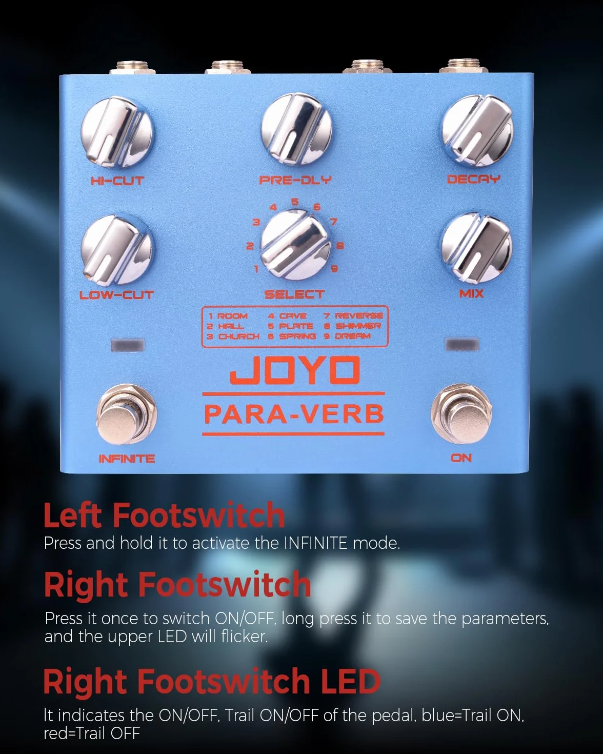 Pedal de reverberación JOYO Pedal digital estéreo para guitarra con 9 efectos de reverberación Funciones infinitas y de cola para guitarra eléctrica - True Bypass (PARA-VERB R-31)