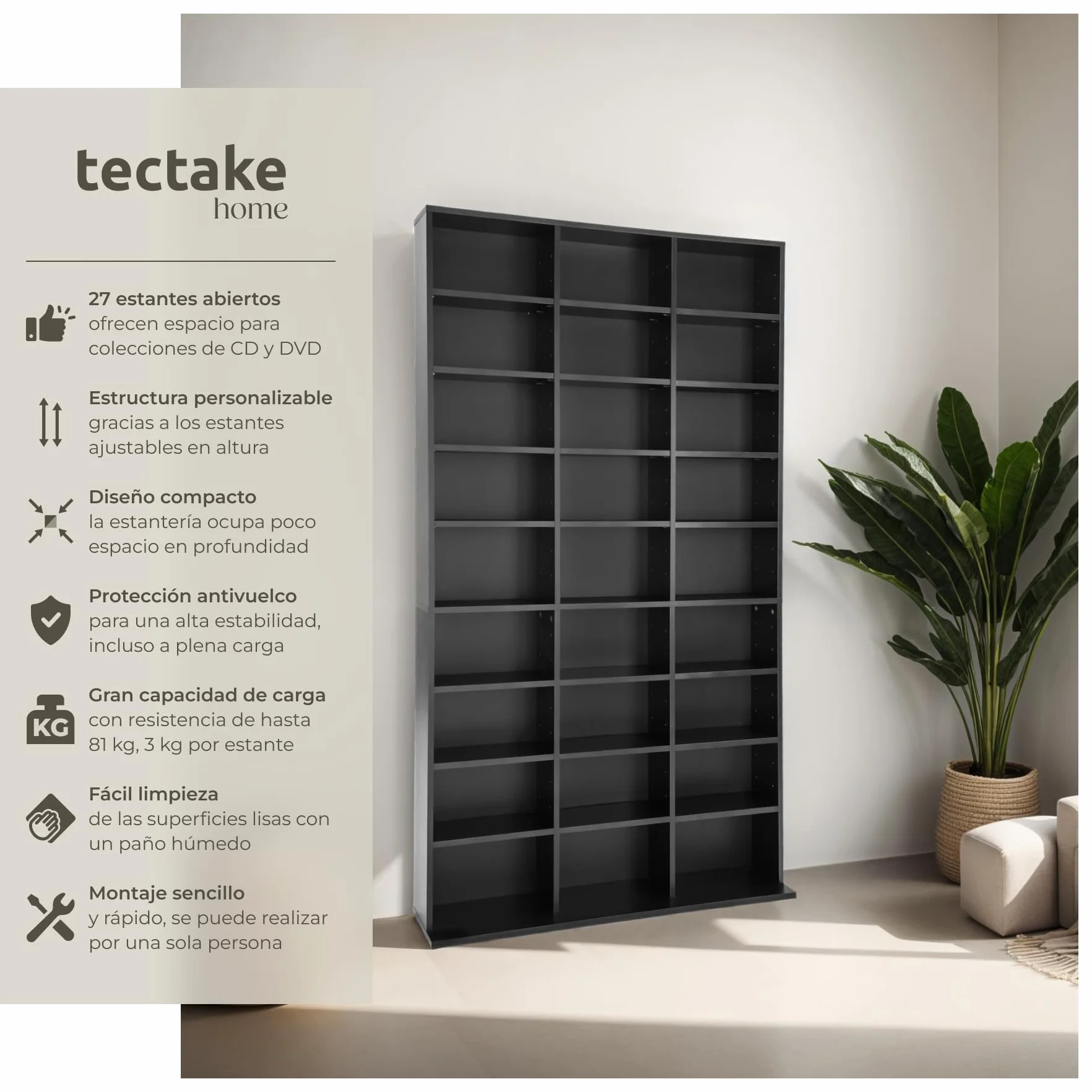 tectake® Estanteria Pared para CD/DVD, Almacenaje 1080 CDs, 27 Estantes, Fácil de Montar, Estable, Madera MDF, Metal, Estanteria Libros, Librería, Estantería de Pared, Mueble de Salon - Negro