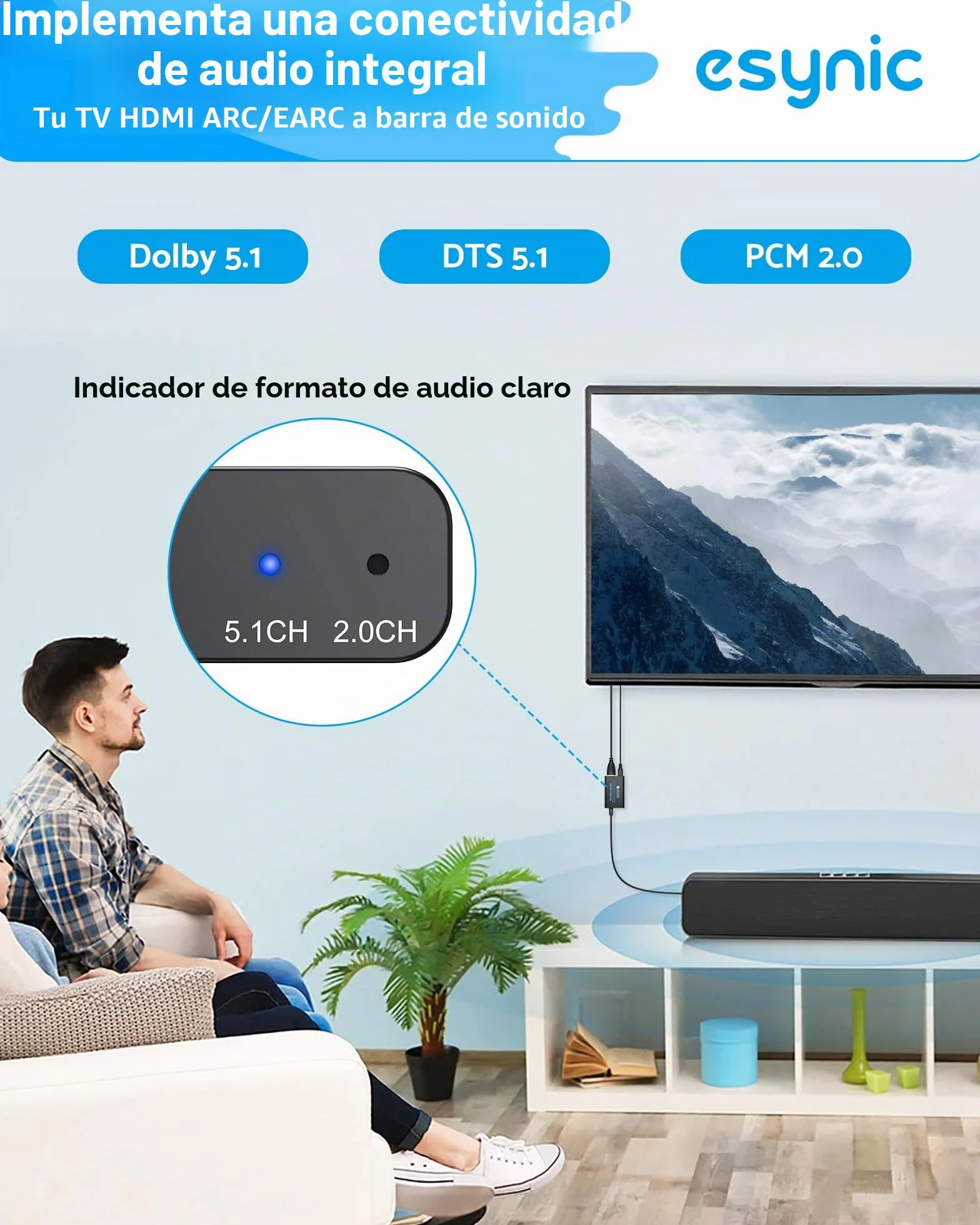 eSynic Extractor de Audio eARC ARC 192kHz HDMI a Óptico con Cable HDMI y Óptico compatible con 5.0 y 2.0 para HDTV