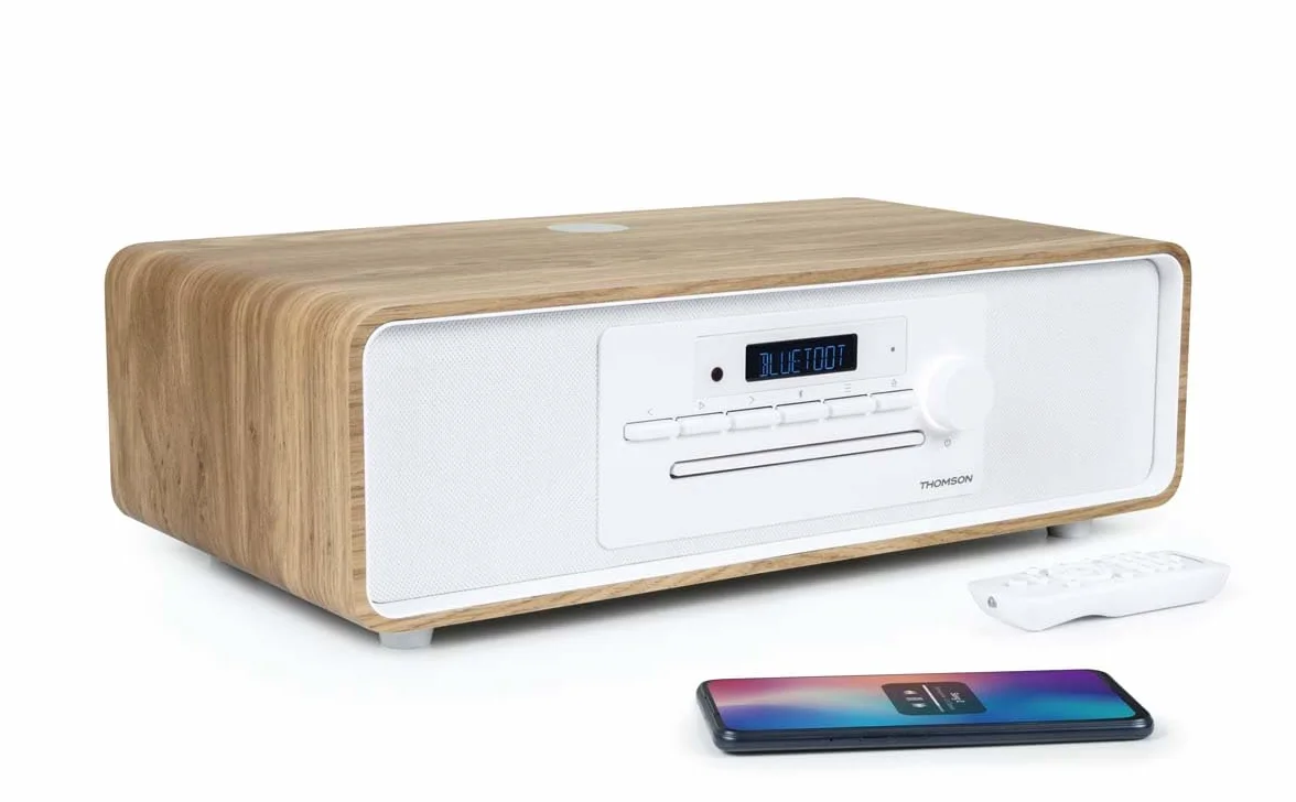 THOMSON Micro-chaîne Bluetooth Radio FM/CD/MP3/USB 60W Égaliseur Blanche et Noire