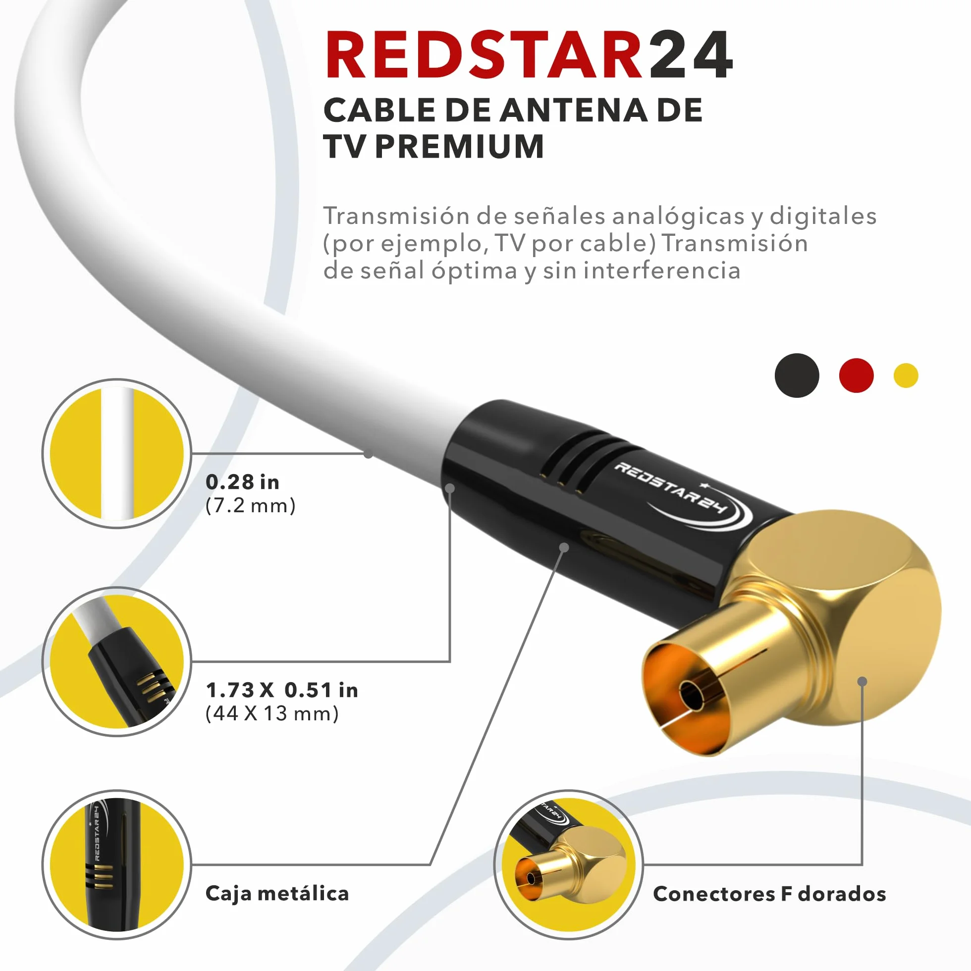 RedStar24 Cable de Antena 4m Blanco - Macho a Hembra 90° Ángulo - Coaxial HDTV Premium para Televisión por Cable | Compatible Con TV, Radio, DVB-T/T2, DVB-C, DAB