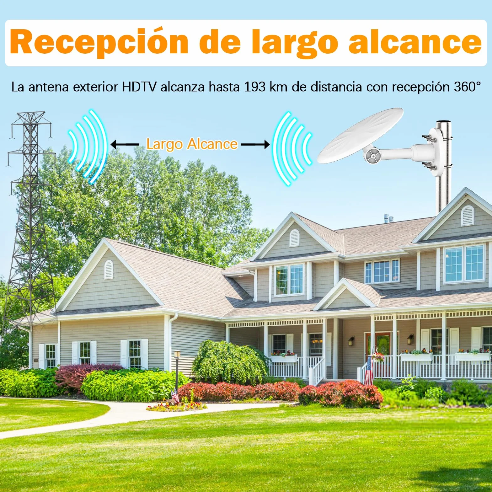 Antena TV Exterior 2026 Mejorada, Antena TDT Digital DVB-T2 HD 4K de Largo Alcance, Recepción 720°, Compatible con Smart TV, Instalación en Tejado, Terraza, Pared y Caravana, Cable 10 m(Blanco)