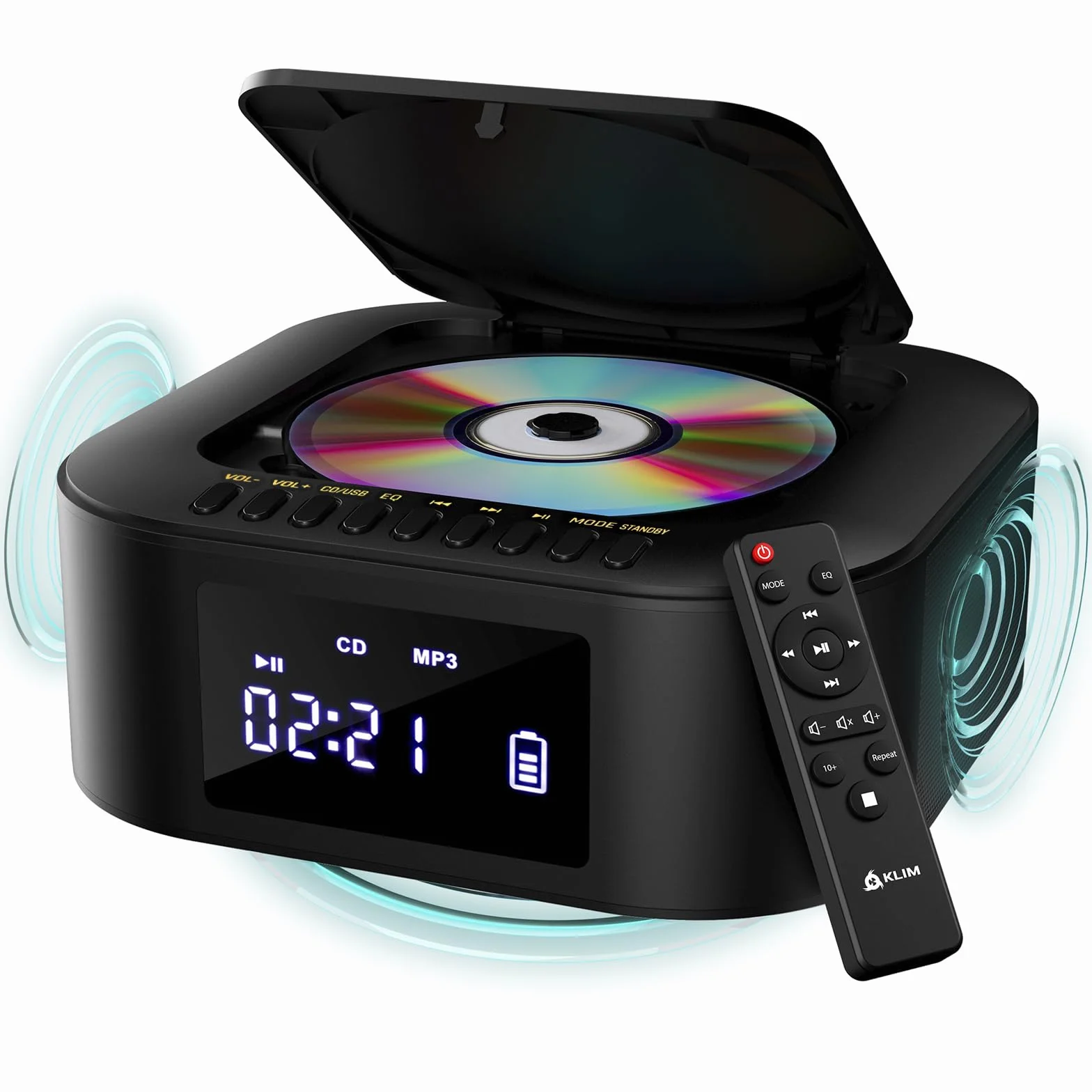 KLIM Boombox E1 Reproductor de CD portátil Bass Boost Subwoofer Radio FM Bluetooth MP3 AUX USB Negro/Dorado