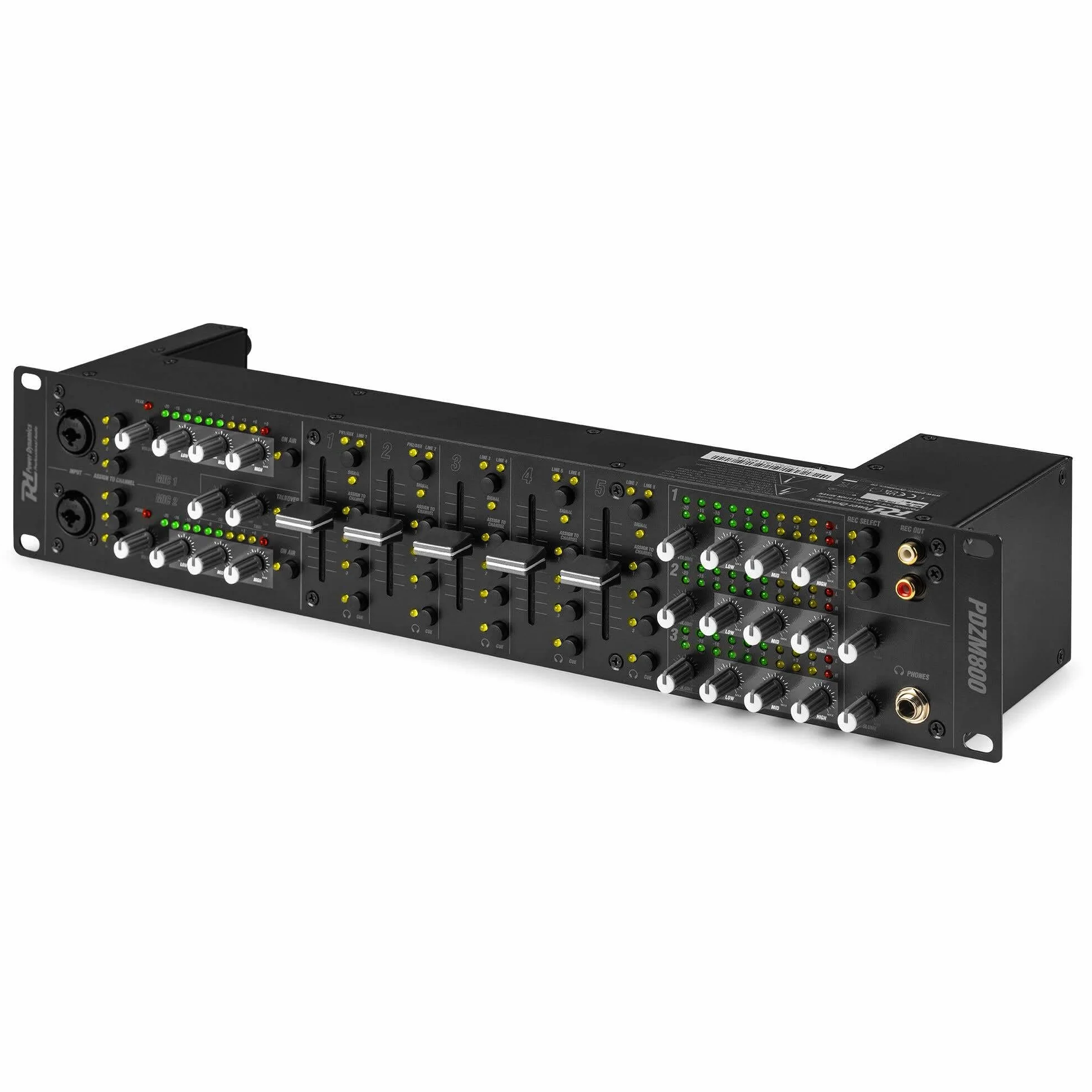 Power Dynamics PDZM800 Mezclador de audio, Mezclador de 3 zonas, instalaciones de altavoces, procesador DSP, 5 entradas + 2 canales de entrada MIC, talkover, CUE, rack 19» 2U, XLR, jack, +48V phantom