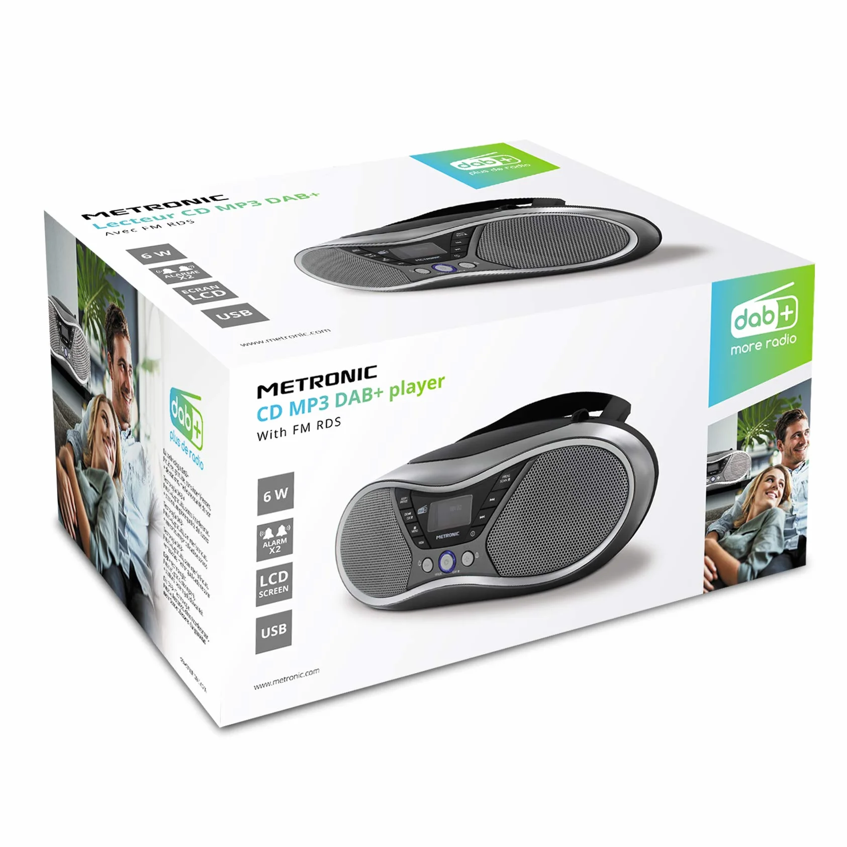 Metronic Radio CD portátil con USB MP3 FM RDS DAB+ entrada audio salida auricular doble alarma gris negro