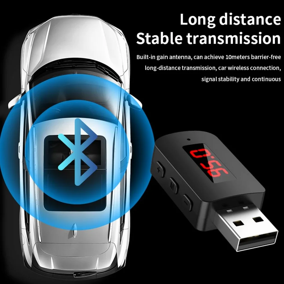 coche Bluetooth 5.4 adaptador FM USB transmisor receptor manos libres pantalla LED auto audio