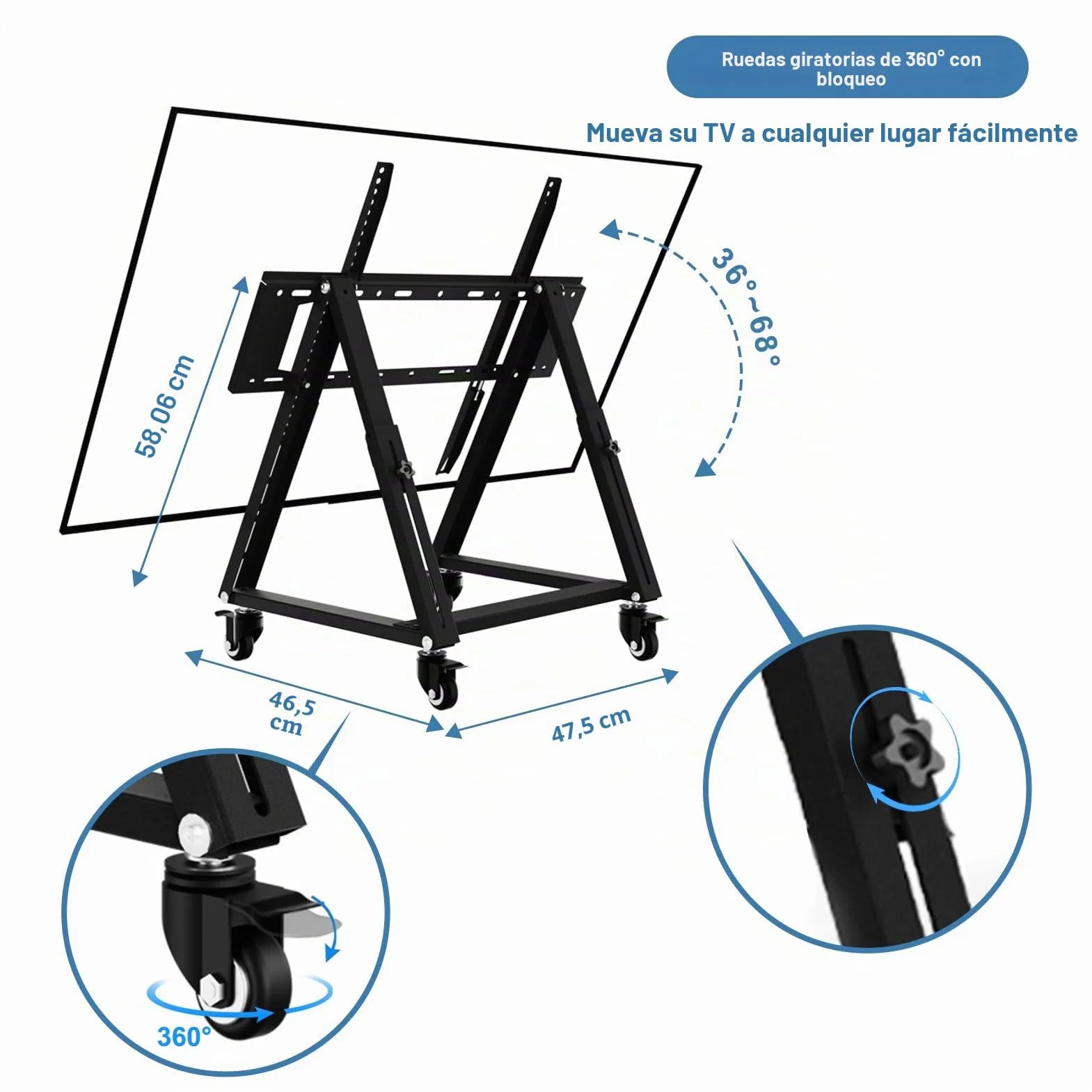 Soporte de TV móvil bajo para TV 26-65 pulgadas, altura ajustable, VESA 600x500, 50 kg