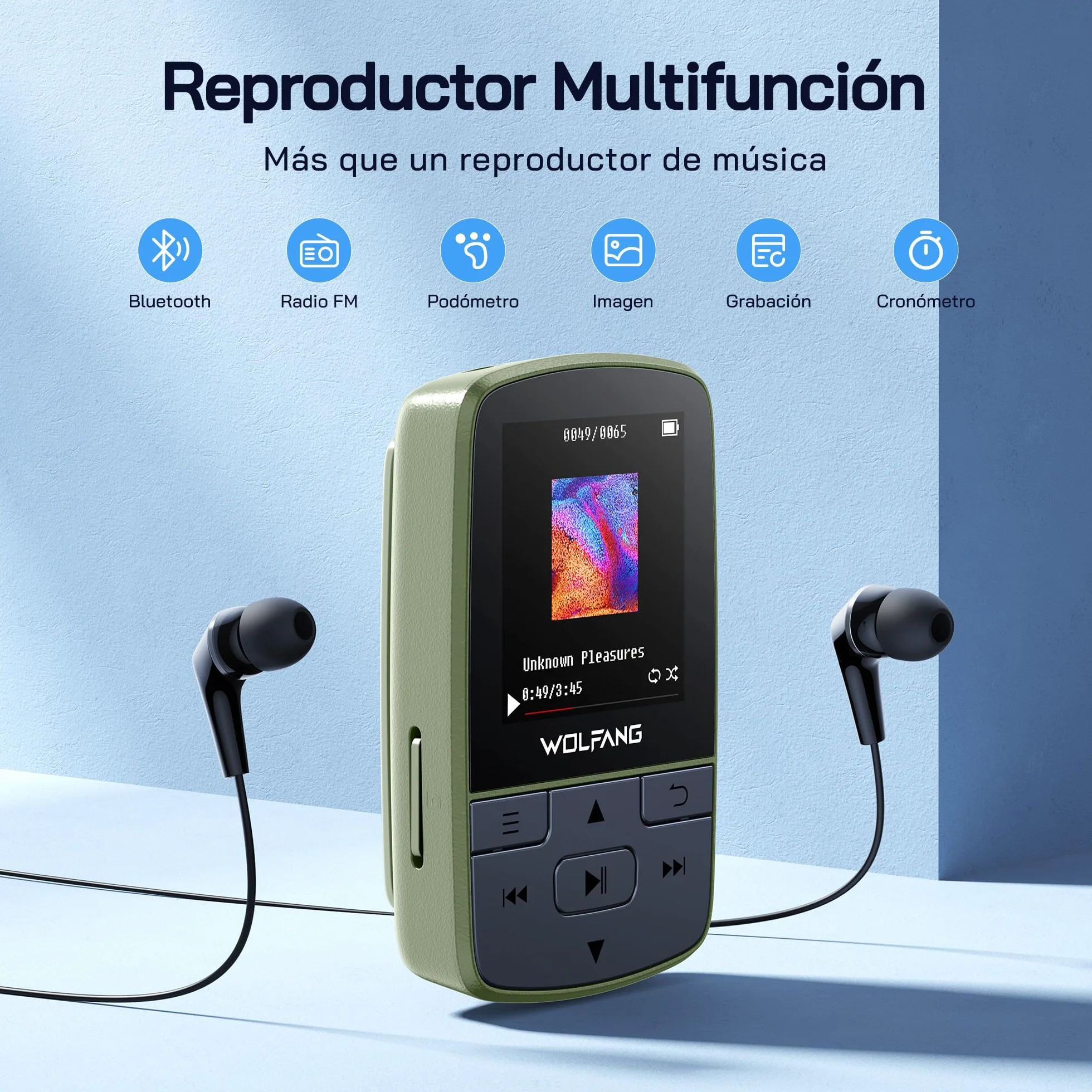 WOLFANG Reproductor MP3 Bluetooth 5.2 Clip Deportivo Mini 1 Onza TF 128 GB Radio FM Grabadora Auriculares Verde Militar